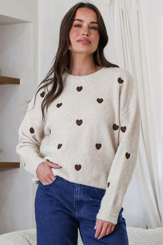 Hartley Jumper - Crew Neck Embroidered Heart Motif Knit in Cream made by Salty Crush
