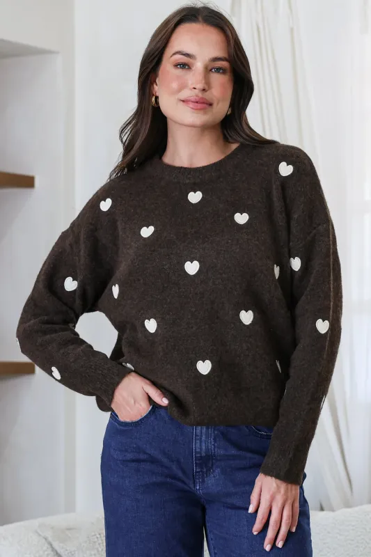 Hartley Jumper - Crew Neck Embroidered Heart Motif Knit in Coffee made by Salty Crush