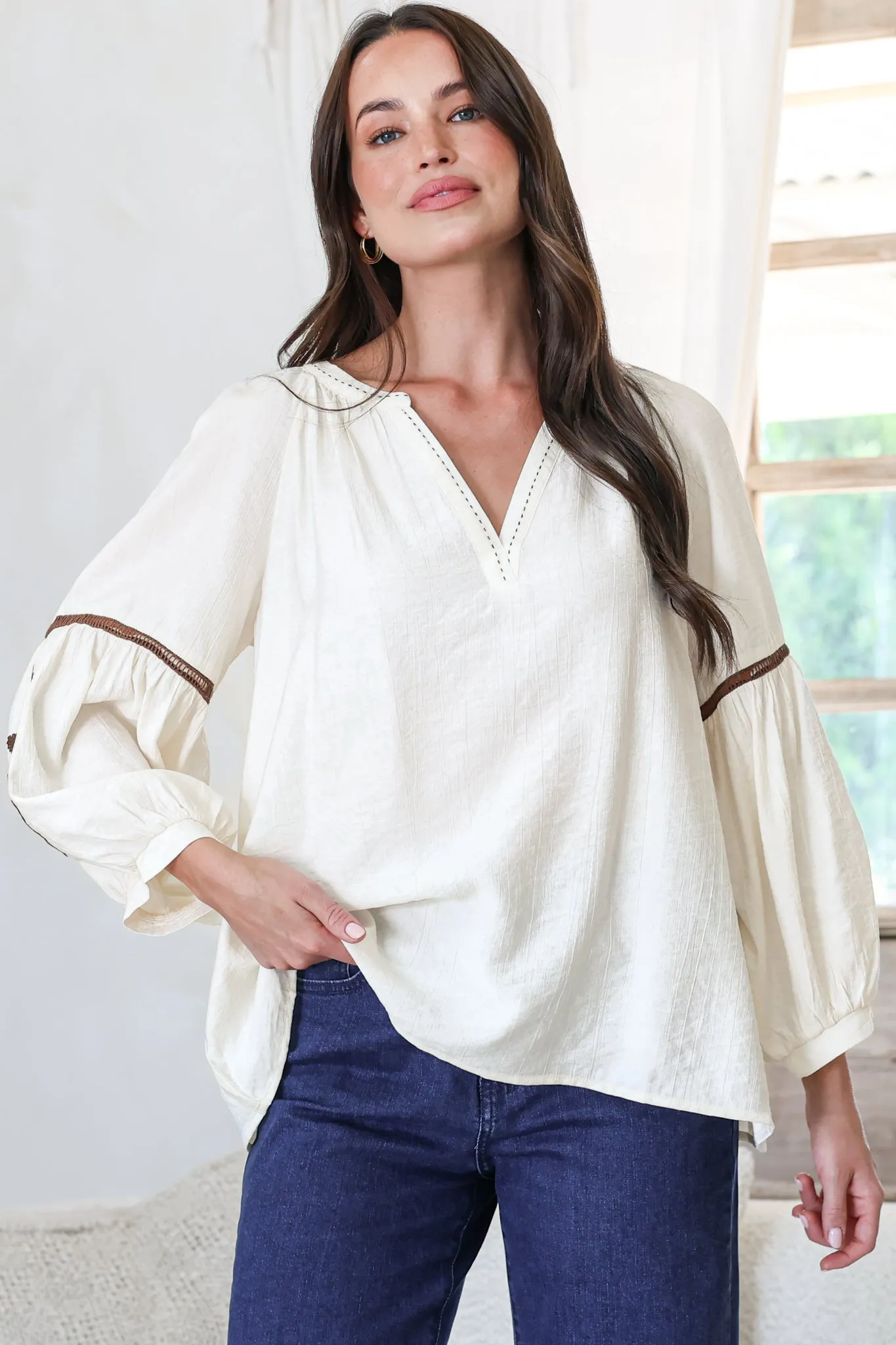 Cassel Top - Round Split Collar Pullover Embroidered Top with Balloon Sleeves in Cream sold by Salty Crush product image thumbnail 4
