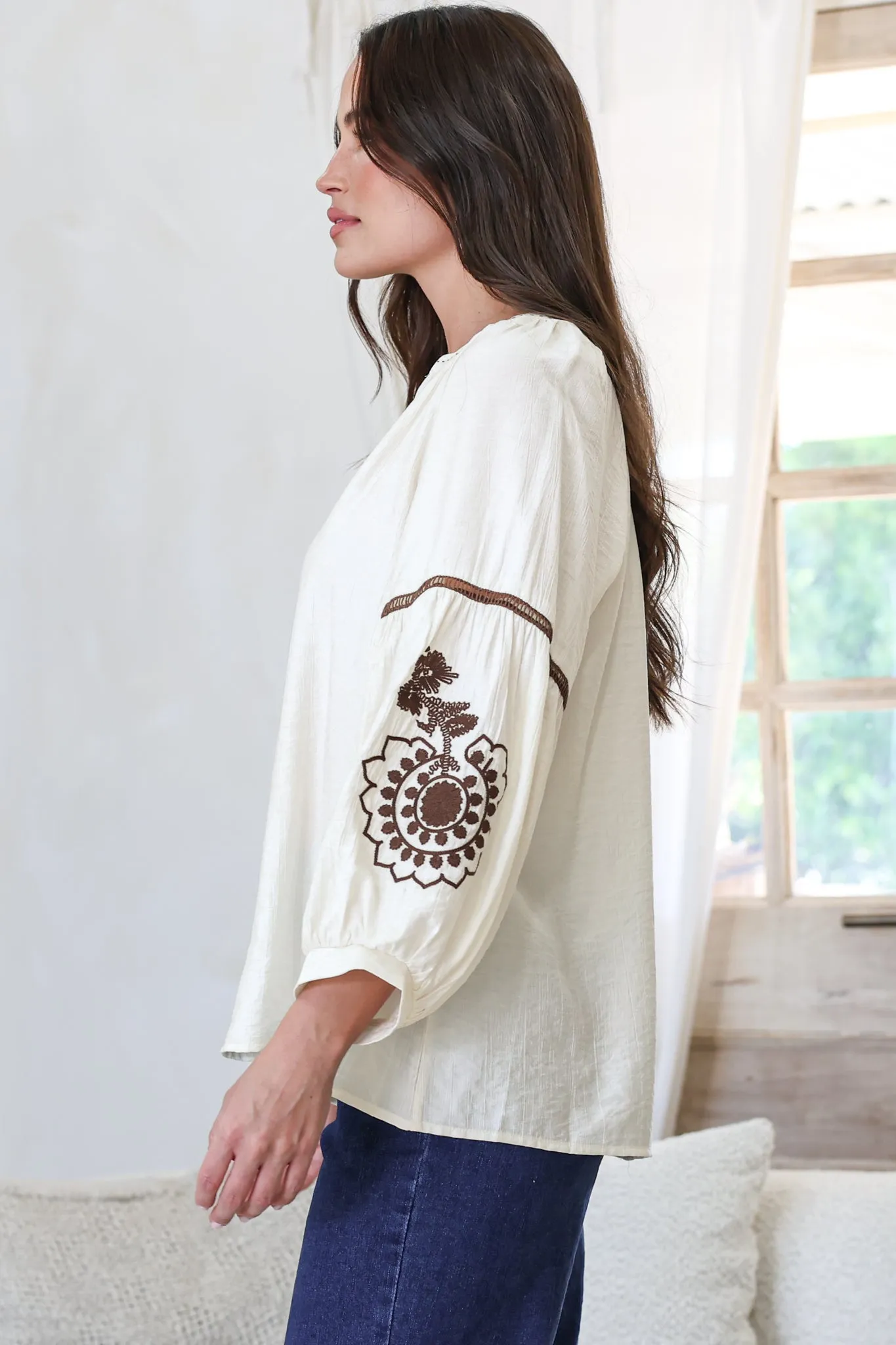 Cassel Top - Round Split Collar Pullover Embroidered Top with Balloon Sleeves in Cream sold by Salty Crush product image thumbnail 5