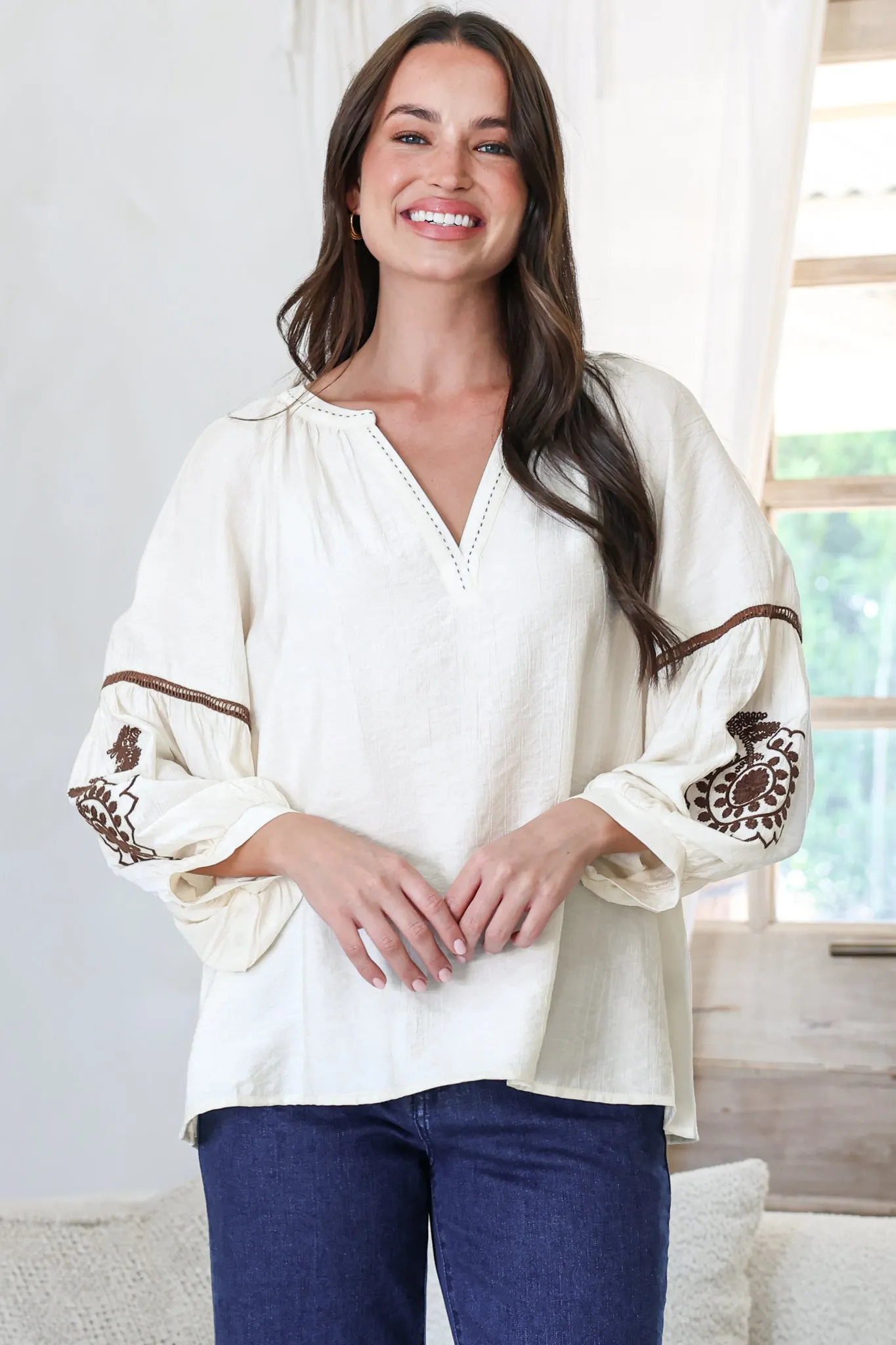 Cassel Top - Round Split Collar Pullover Embroidered Top with Balloon Sleeves in Cream sold by Salty Crush product image thumbnail 2