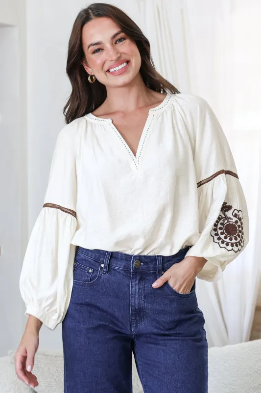 Cassel Top - Round Split Collar Pullover Embroidered Top with Balloon Sleeves in Cream made by Salty Crush