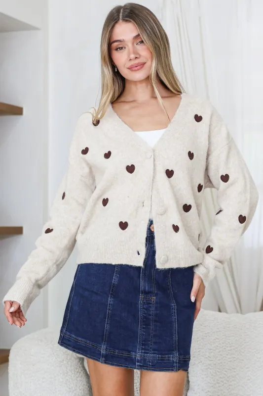 Hartley Cardigan - V Neck Button Front Heart Embroidered Knit with Matching Fabric Buttons in Cream made by Salty Crush