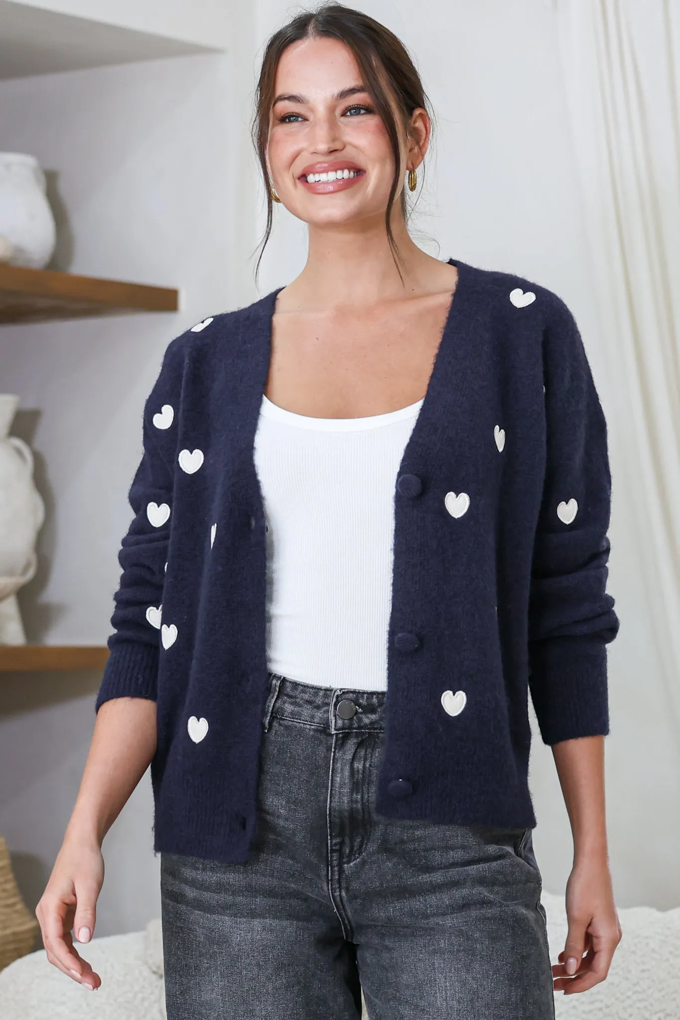 Hartley Cardigan - V Neck Button Front Heart Embroidered Knit with Matching Fabric Buttons in Navy sold by Salty Crush product image thumbnail 2