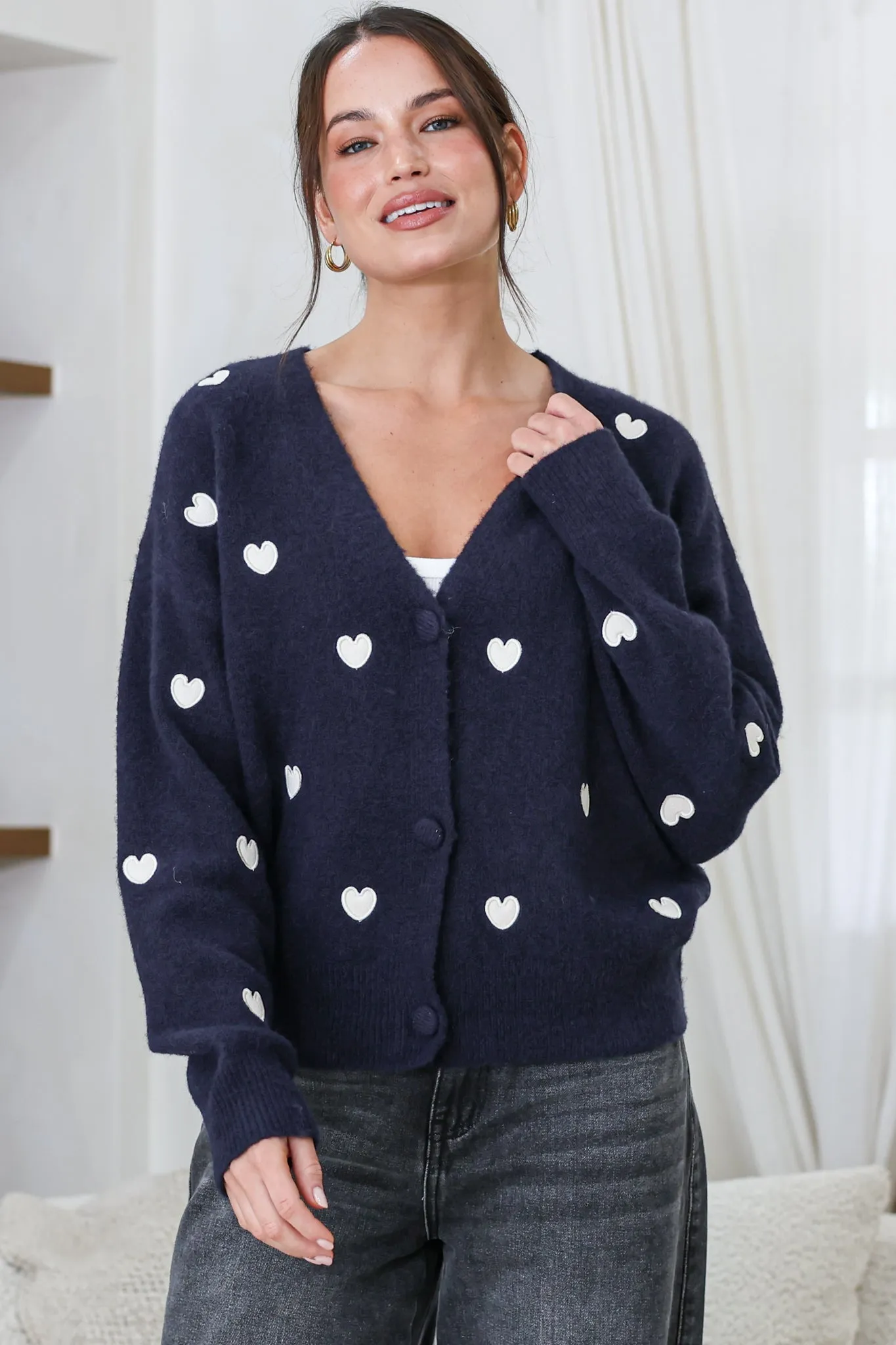 Hartley Cardigan - V Neck Button Front Heart Embroidered Knit with Matching Fabric Buttons in Navy sold by Salty Crush product image thumbnail 3