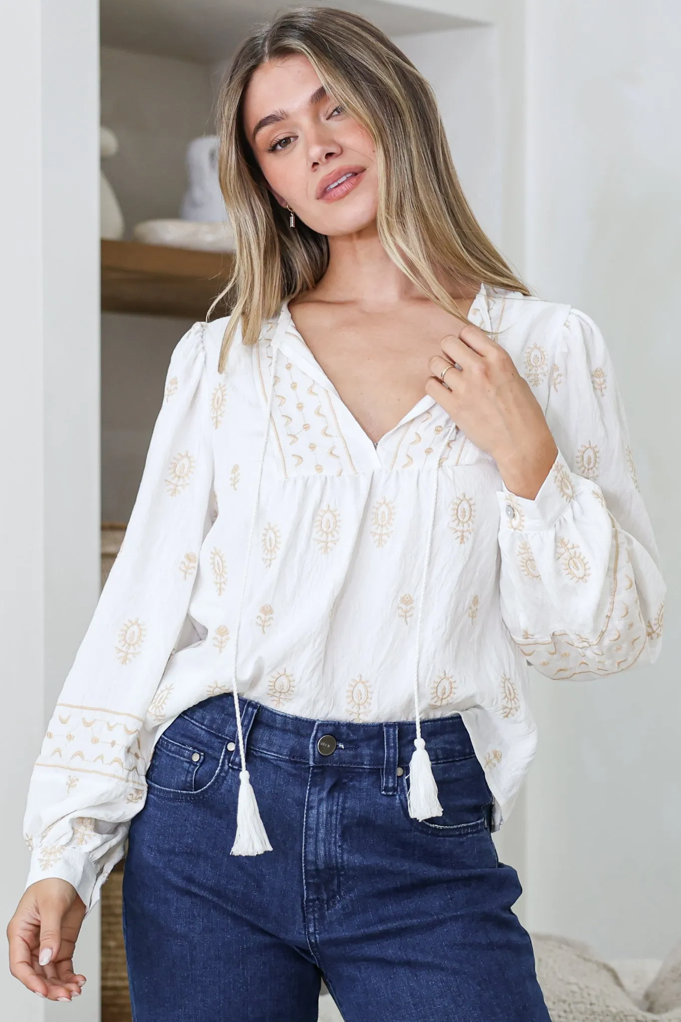 Nouveau Top - V Neck Embroidered Pullover with Long Cuffed Sleeves in White sold by Salty Crush product image thumbnail 4