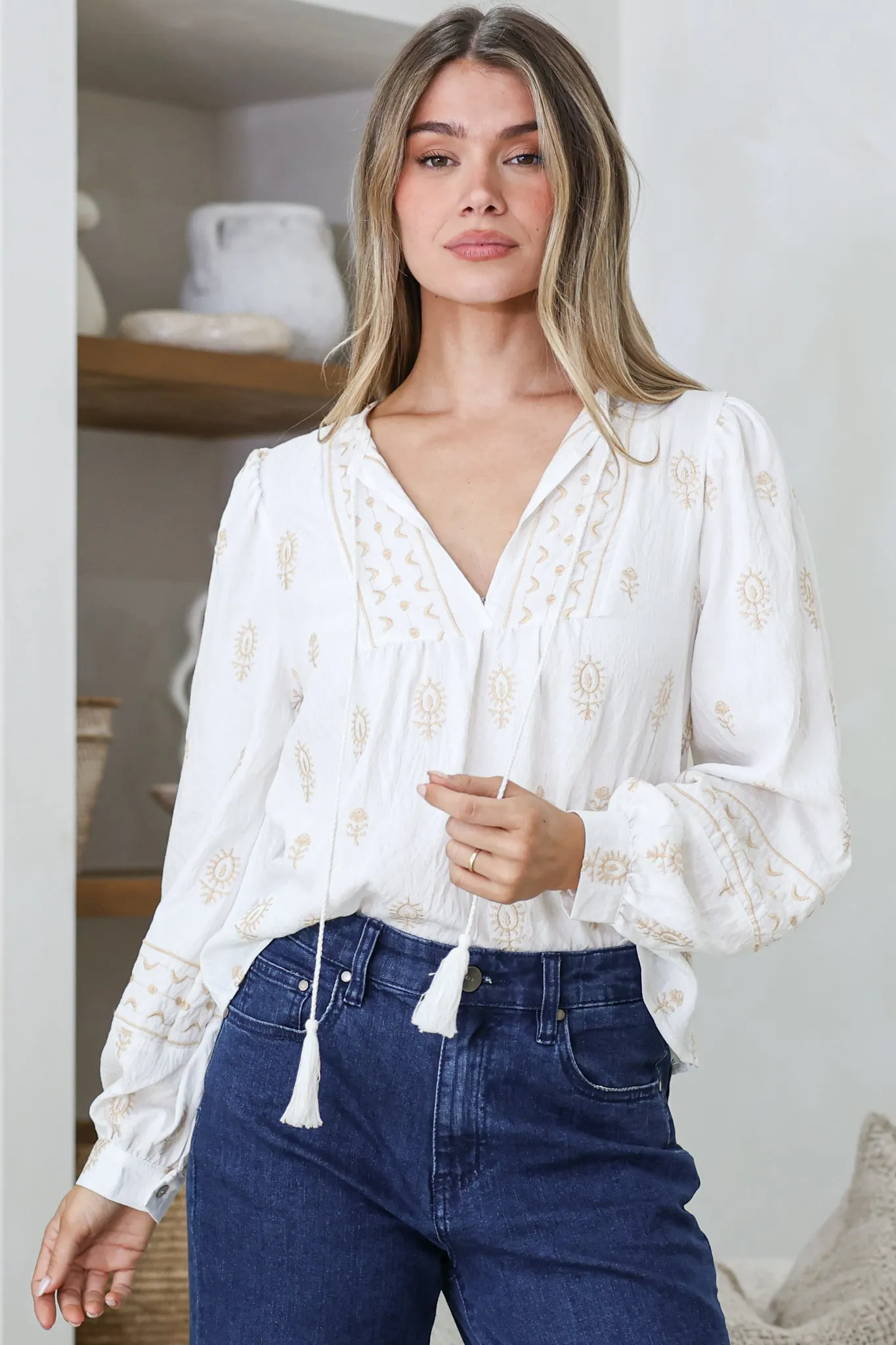 Nouveau Top - V Neck Embroidered Pullover with Long Cuffed Sleeves in White sold by Salty Crush product image thumbnail 2