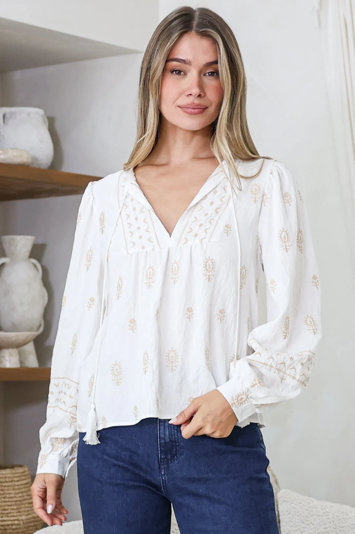 Nouveau Top - V Neck Embroidered Pullover with Long Cuffed Sleeves in White sold by Salty Crush product image thumbnail 3