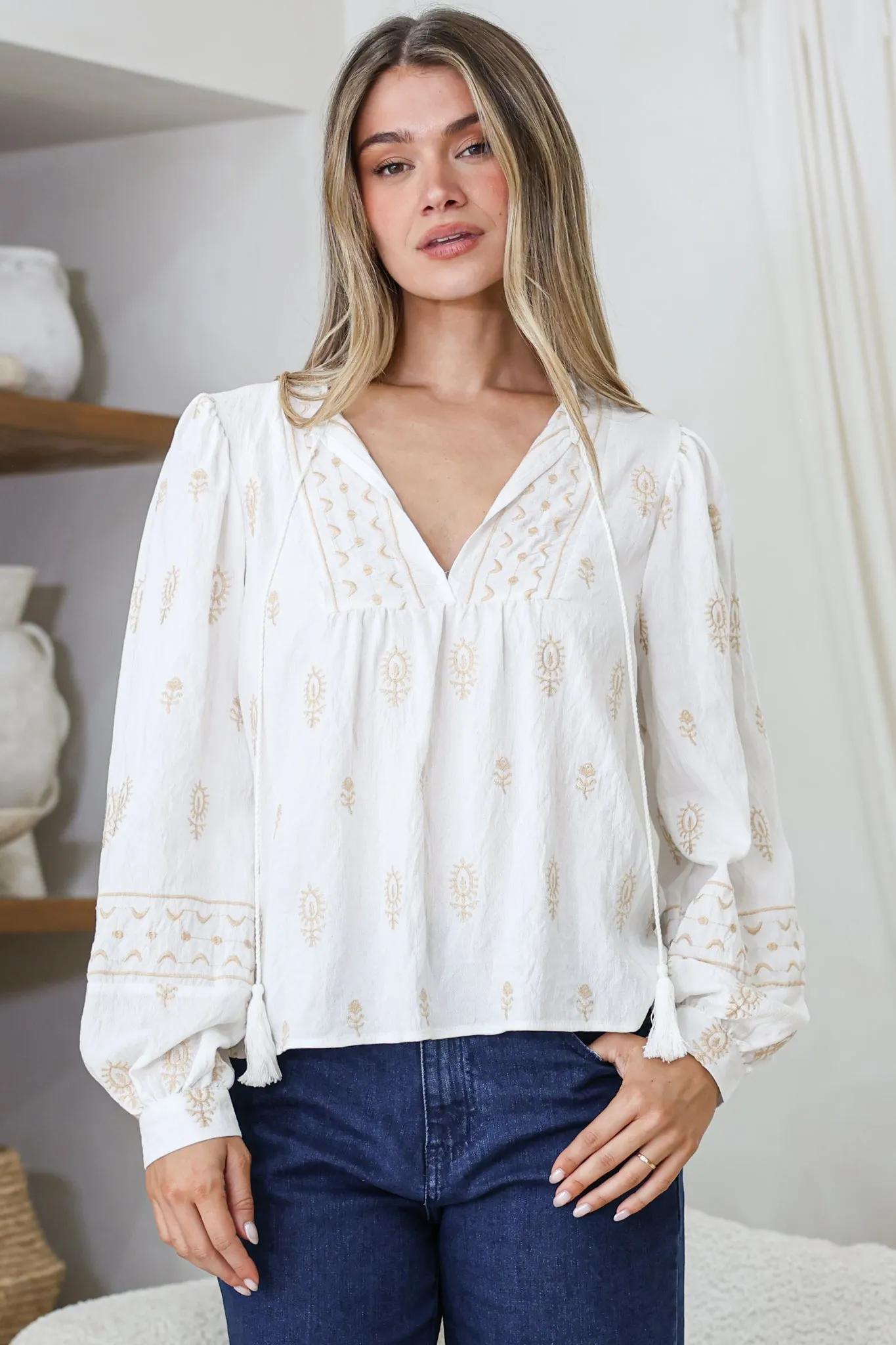Nouveau Top - V Neck Embroidered Pullover with Long Cuffed Sleeves in White sold by Salty Crush