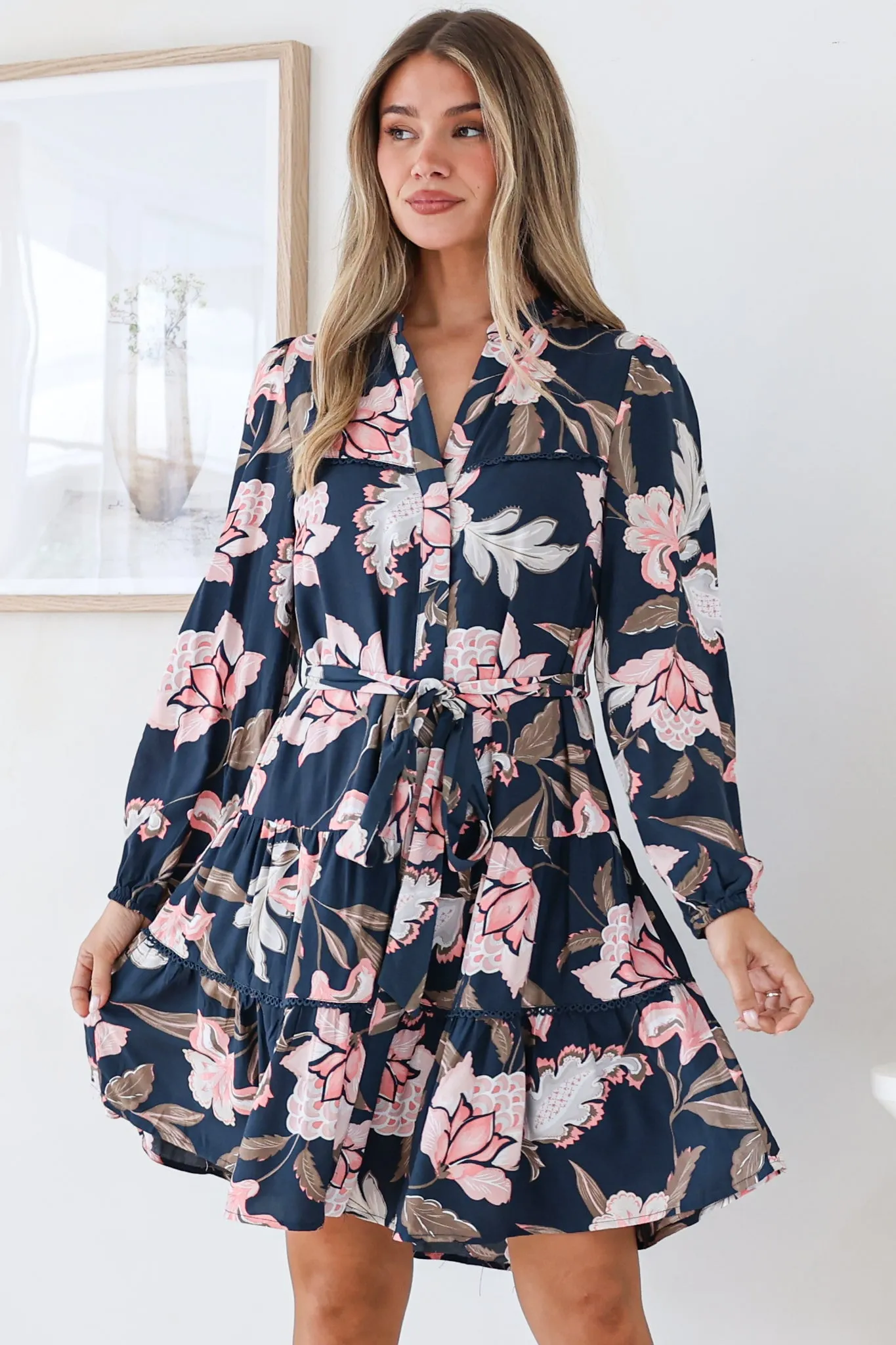 Bonham Mini Dress - Mandarin Collar Button Down Tiered Dress with Lace Trims in Brighton Print sold by Salty Crush product image thumbnail 3