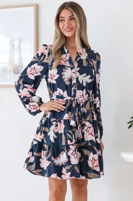 Bonham Mini Dress - Mandarin Collar Button Down Tiered Dress with Lace Trims in Brighton Print made by Salty Crush