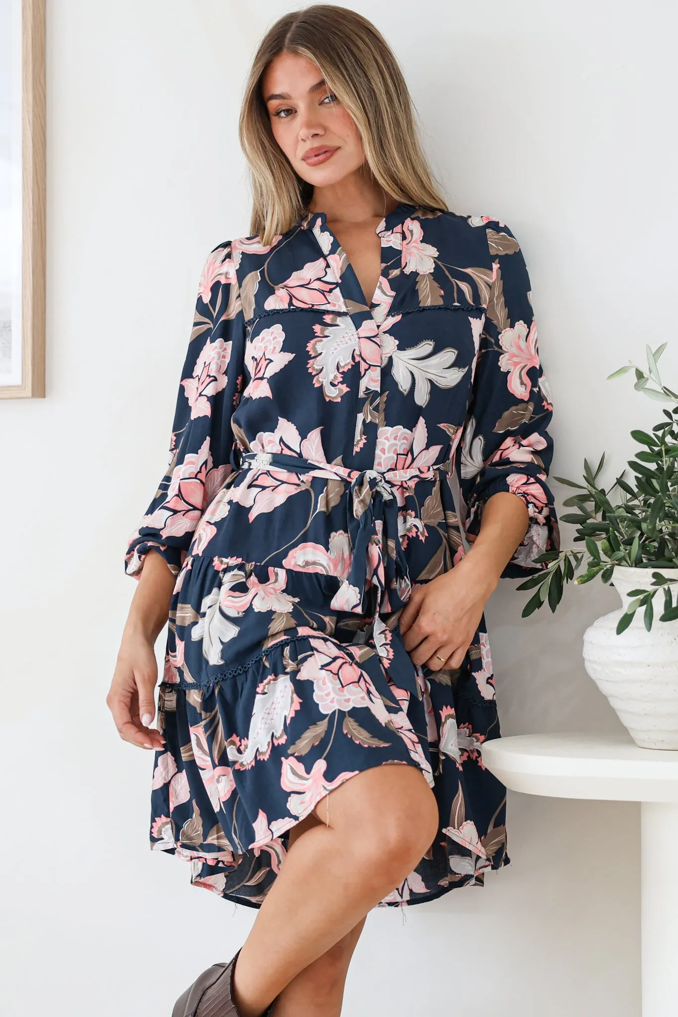 Bonham Mini Dress - Mandarin Collar Button Down Tiered Dress with Lace Trims in Brighton Print sold by Salty Crush product image thumbnail 4