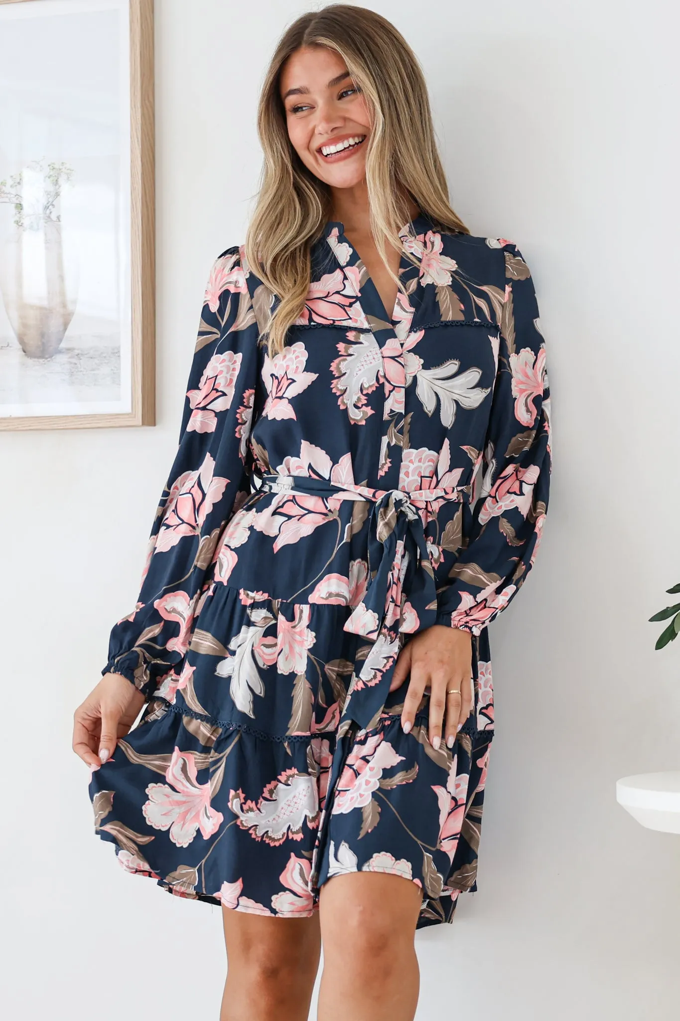Bonham Mini Dress - Mandarin Collar Button Down Tiered Dress with Lace Trims in Brighton Print sold by Salty Crush product image thumbnail 5