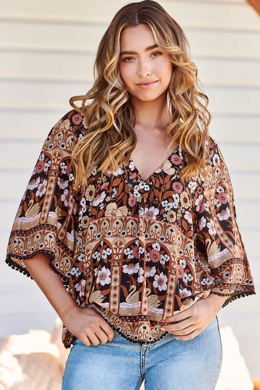 Gabriella Top - Mandarin Collar Deep V Neck Crochet Trim Top in Hennie Print made by Jaase