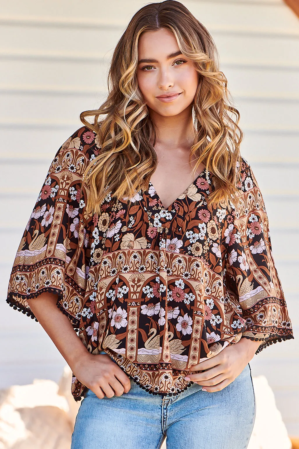 Gabriella Top - Mandarin Collar Deep V Neck Crochet Trim Top in Hennie Print sold by Salty Crush