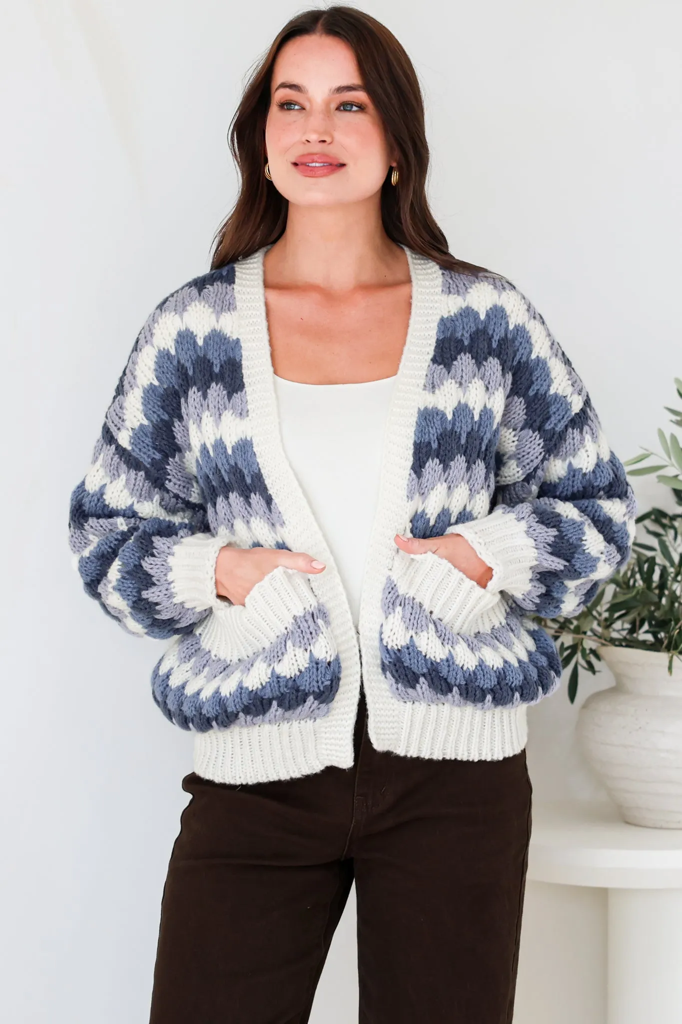 Gianni Cardigan - Open Bubble Knit with Pockets and Rib Knit Trims in Blue sold by Salty Crush product image thumbnail 4
