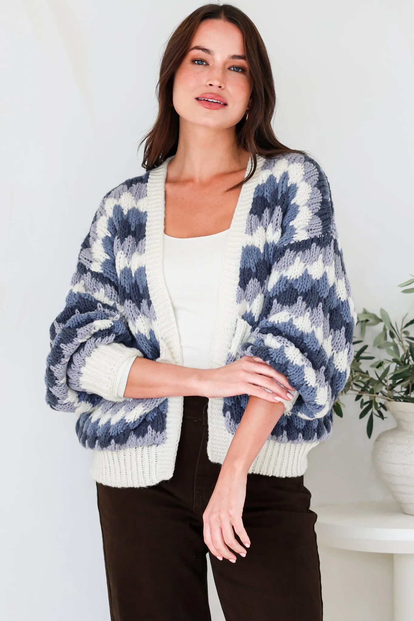 Gianni Cardigan - Open Bubble Knit with Pockets and Rib Knit Trims in Blue sold by Salty Crush product image thumbnail 5