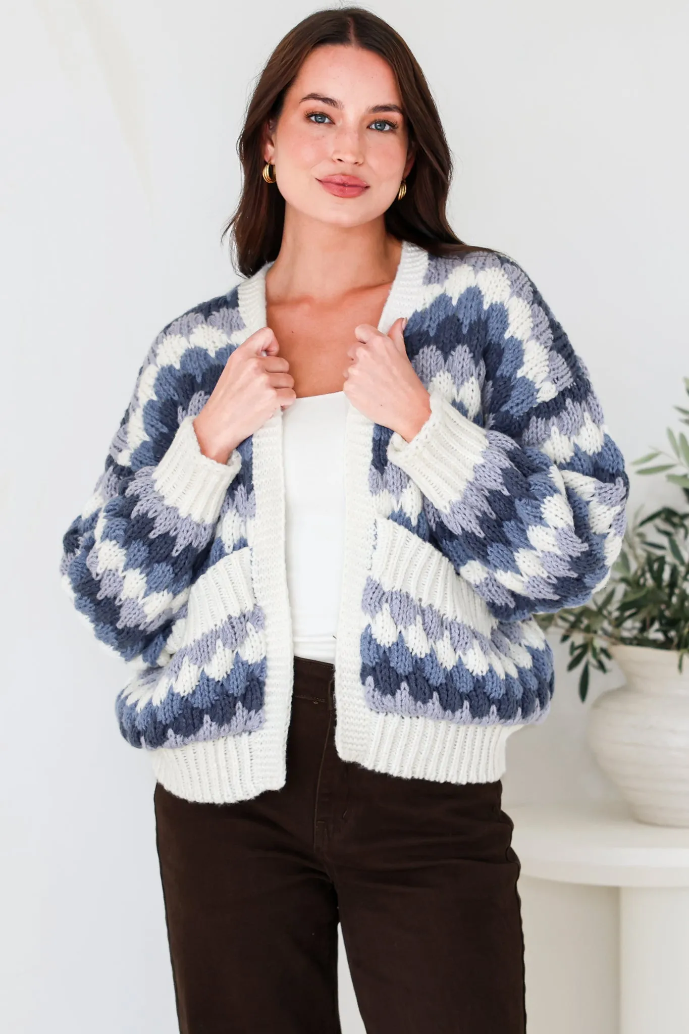 Gianni Cardigan - Open Bubble Knit with Pockets and Rib Knit Trims in Blue sold by Salty Crush product image thumbnail 2