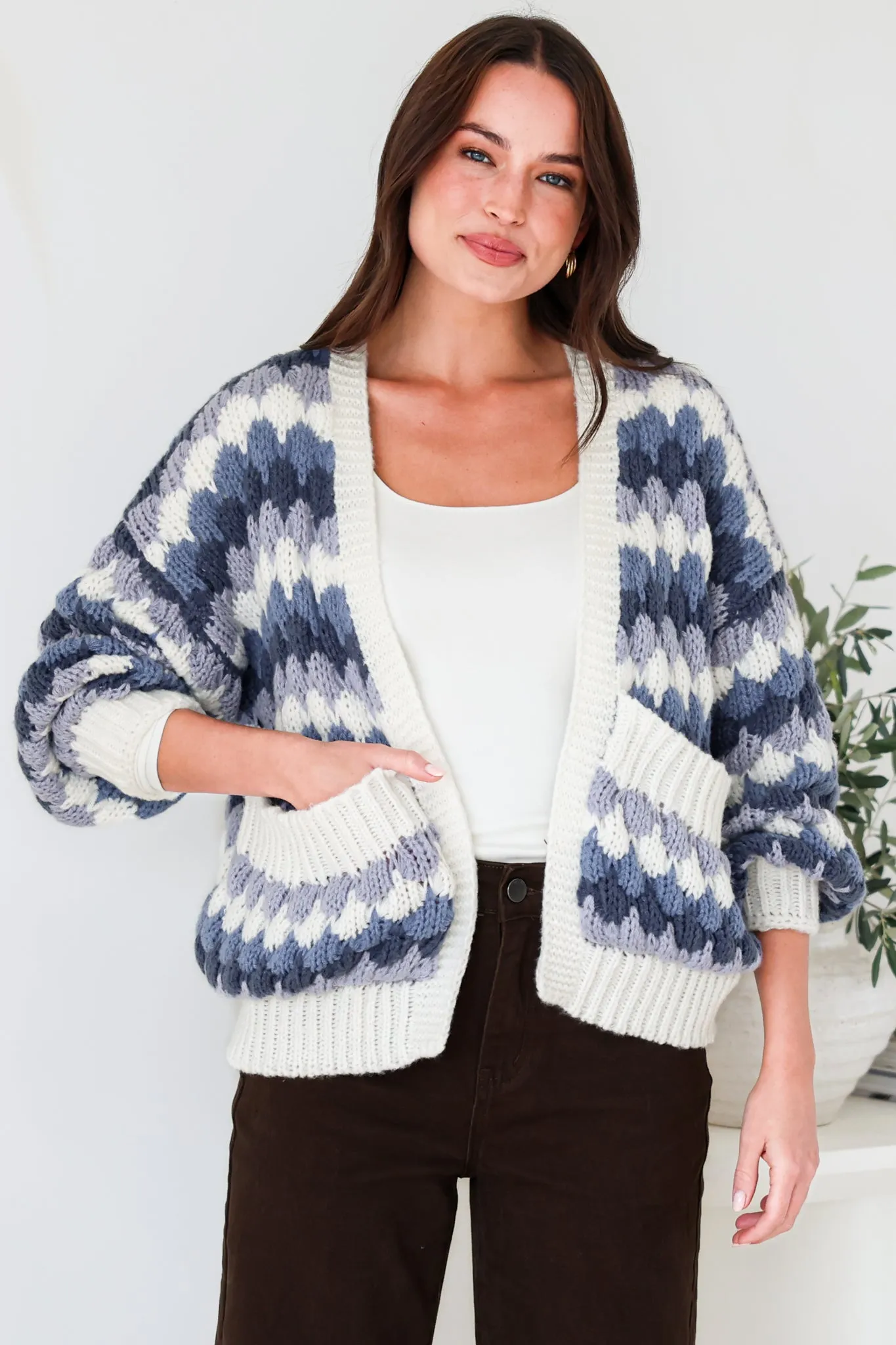 Gianni Cardigan - Open Bubble Knit with Pockets and Rib Knit Trims in Blue sold by Salty Crush