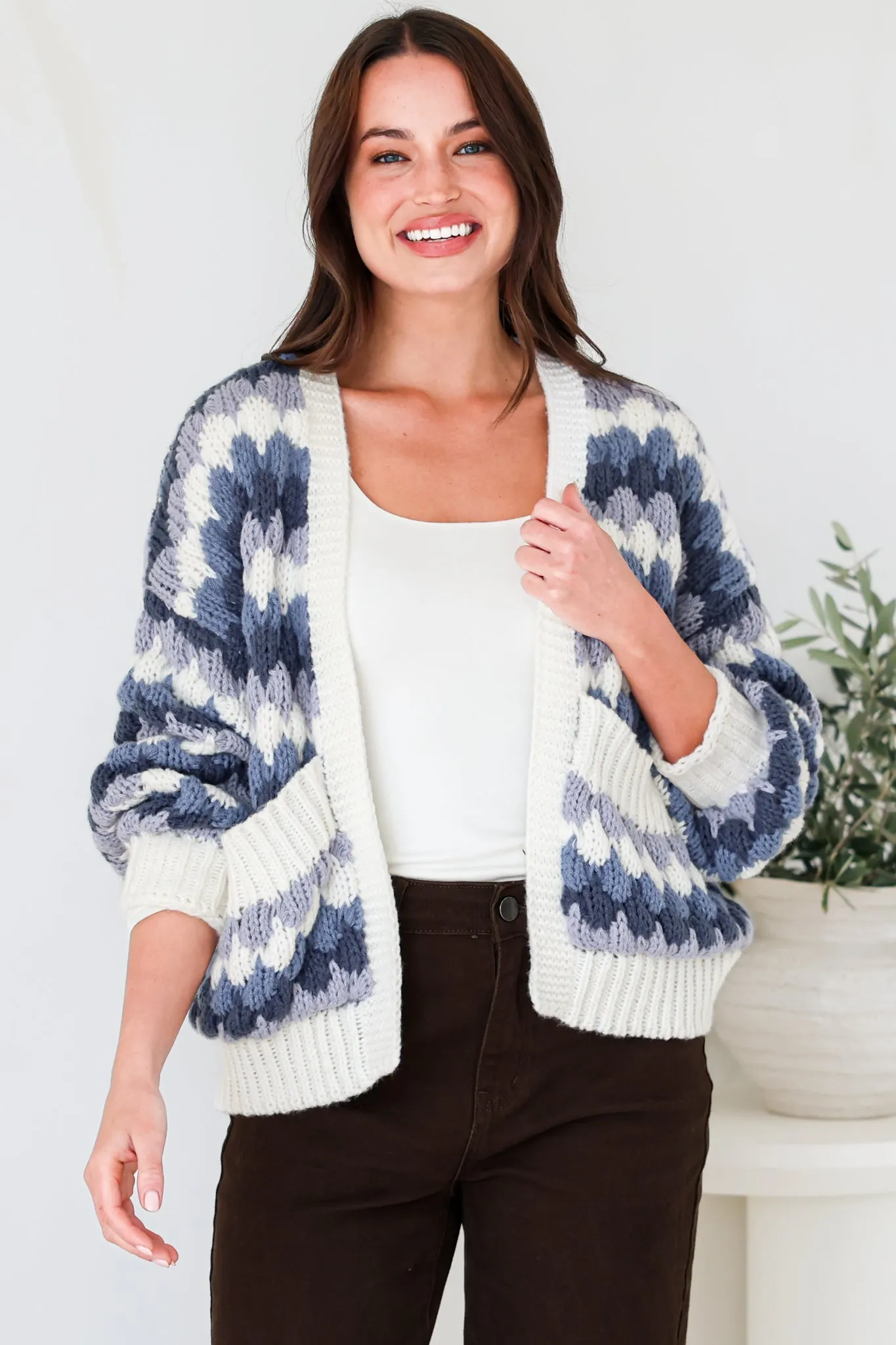 Gianni Cardigan - Open Bubble Knit with Pockets and Rib Knit Trims in Blue sold by Salty Crush product image thumbnail 3