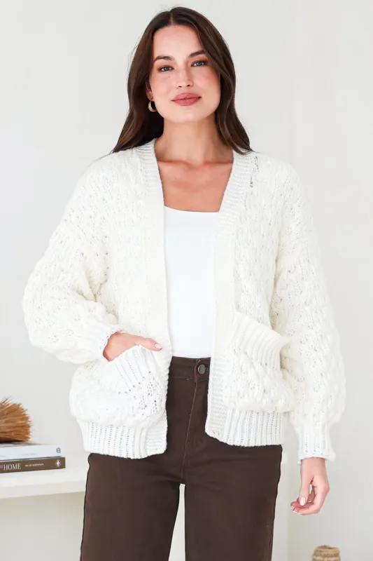 Manny Cardigan - Chunky Open Cropped Cable Knit with Rib Knit Trims and Pockets in Cream made by Salty Crush