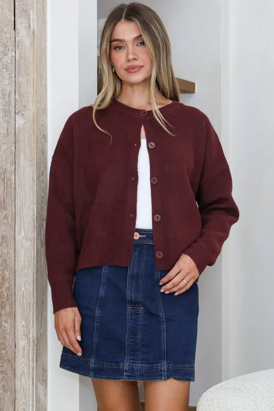Caelan Cardigan - Crew Neck Gold Trim Matching Buttoned Crop Knit in Wine made by Salty Crush