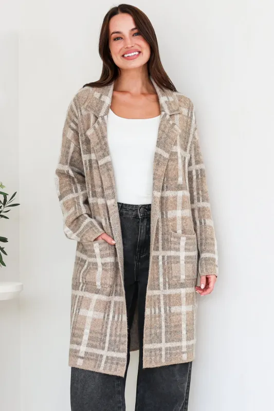 Ellington Cardigan - Lapel Collar Checkered Knit with Pockets in Taupe made by Salty Crush