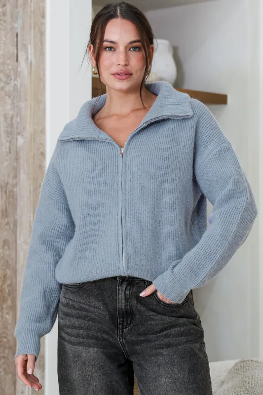 Logan Cardigan - Zipper Front Ribbed Knit with Wing Collar in Blue made by Salty Crush