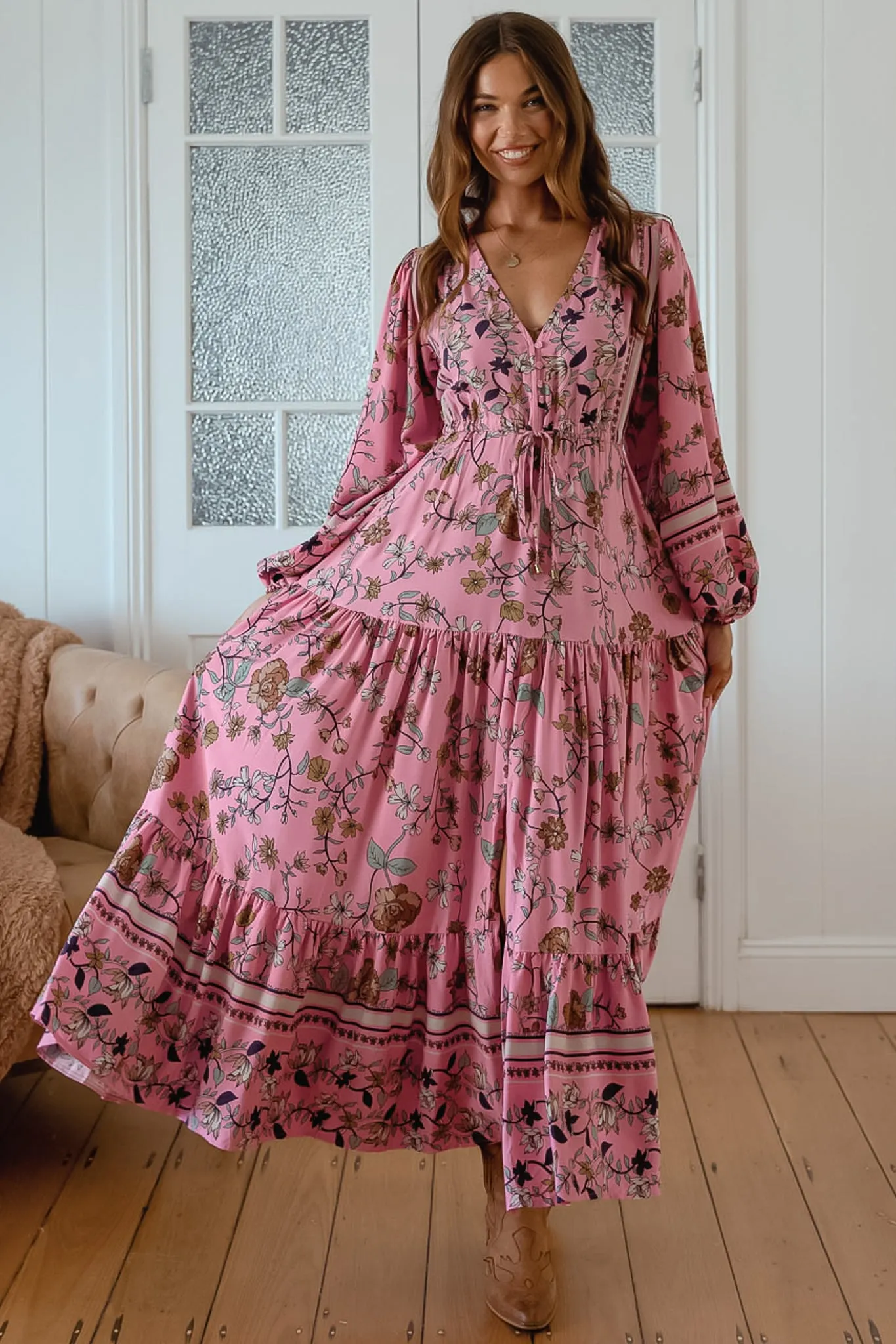 Teresa Maxi Dress - A Line Dress with Long Balloon Sleeves in Elara Print sold by Salty Crush