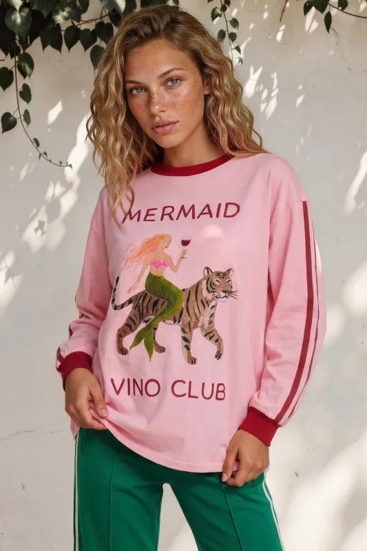 Mermaid Vino Long Sleeve Tee - Crew Neck Contrast Stripe Graphic T-Shirt in Pink made by Salty Crush
