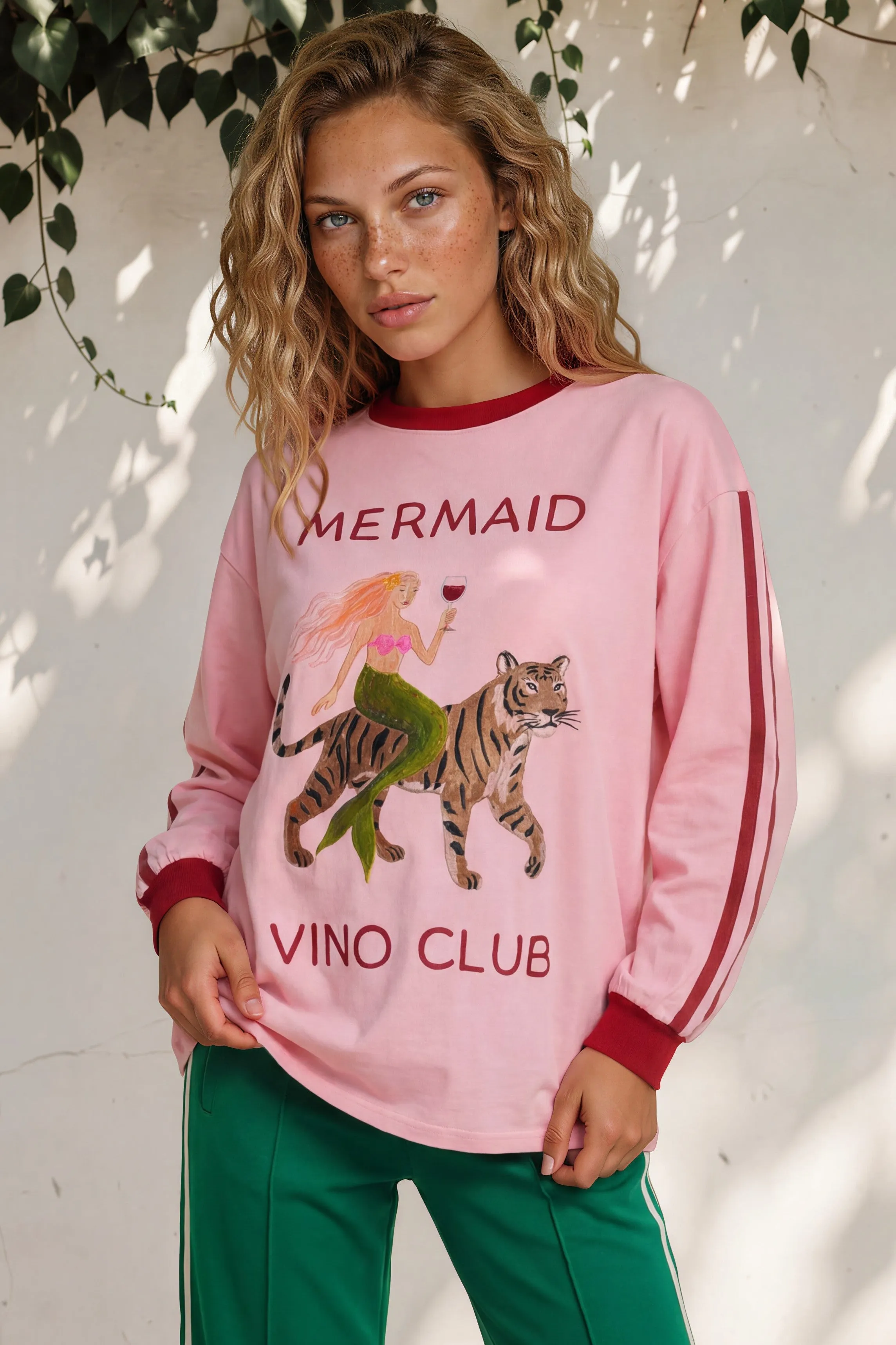 Mermaid Vino Long Sleeve Tee - Crew Neck Contrast Stripe Graphic T-Shirt in Pink sold by Salty Crush