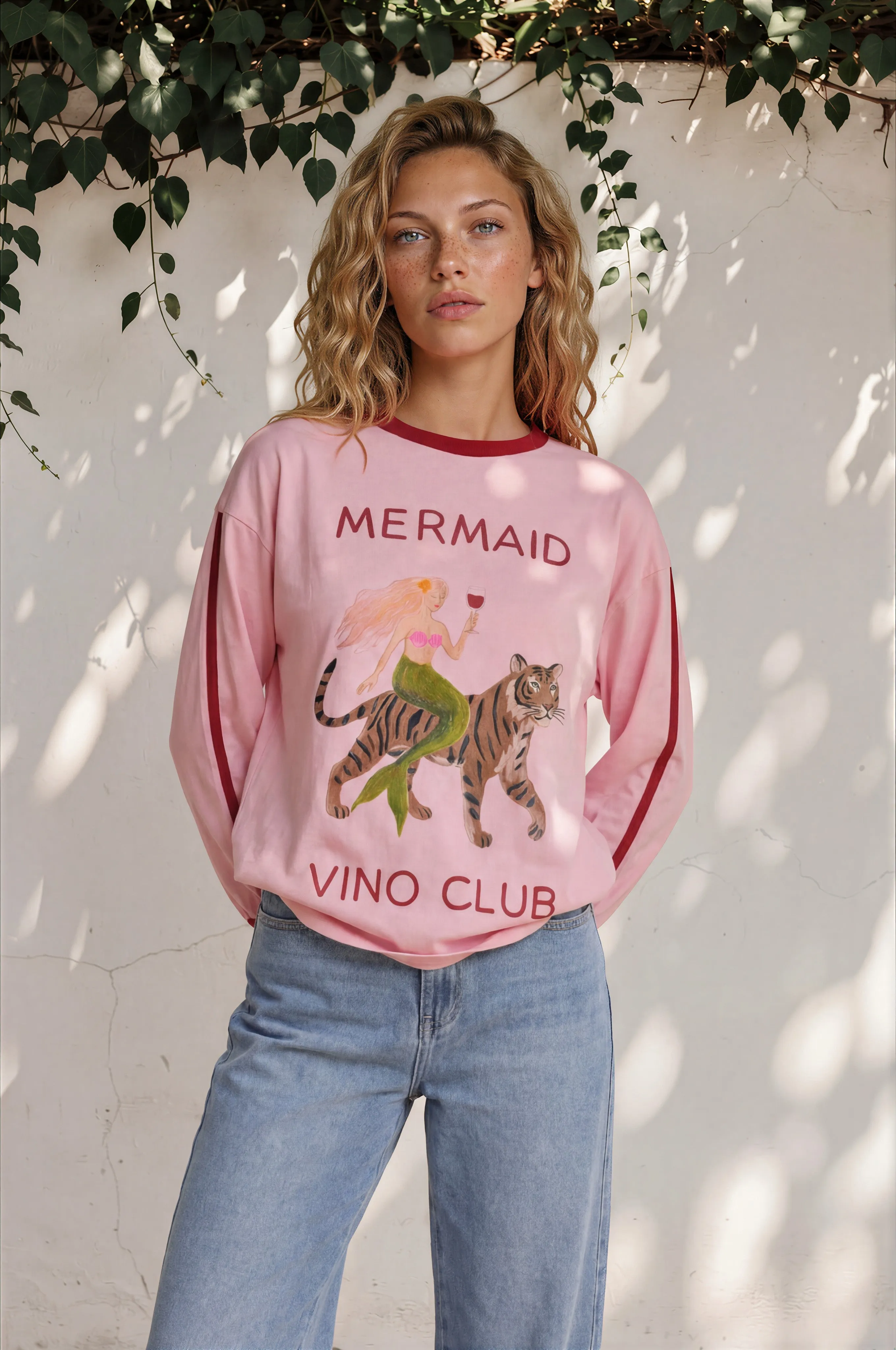 Mermaid Vino Long Sleeve Tee - Crew Neck Contrast Stripe Graphic T-Shirt in Pink sold by Salty Crush product image thumbnail 4