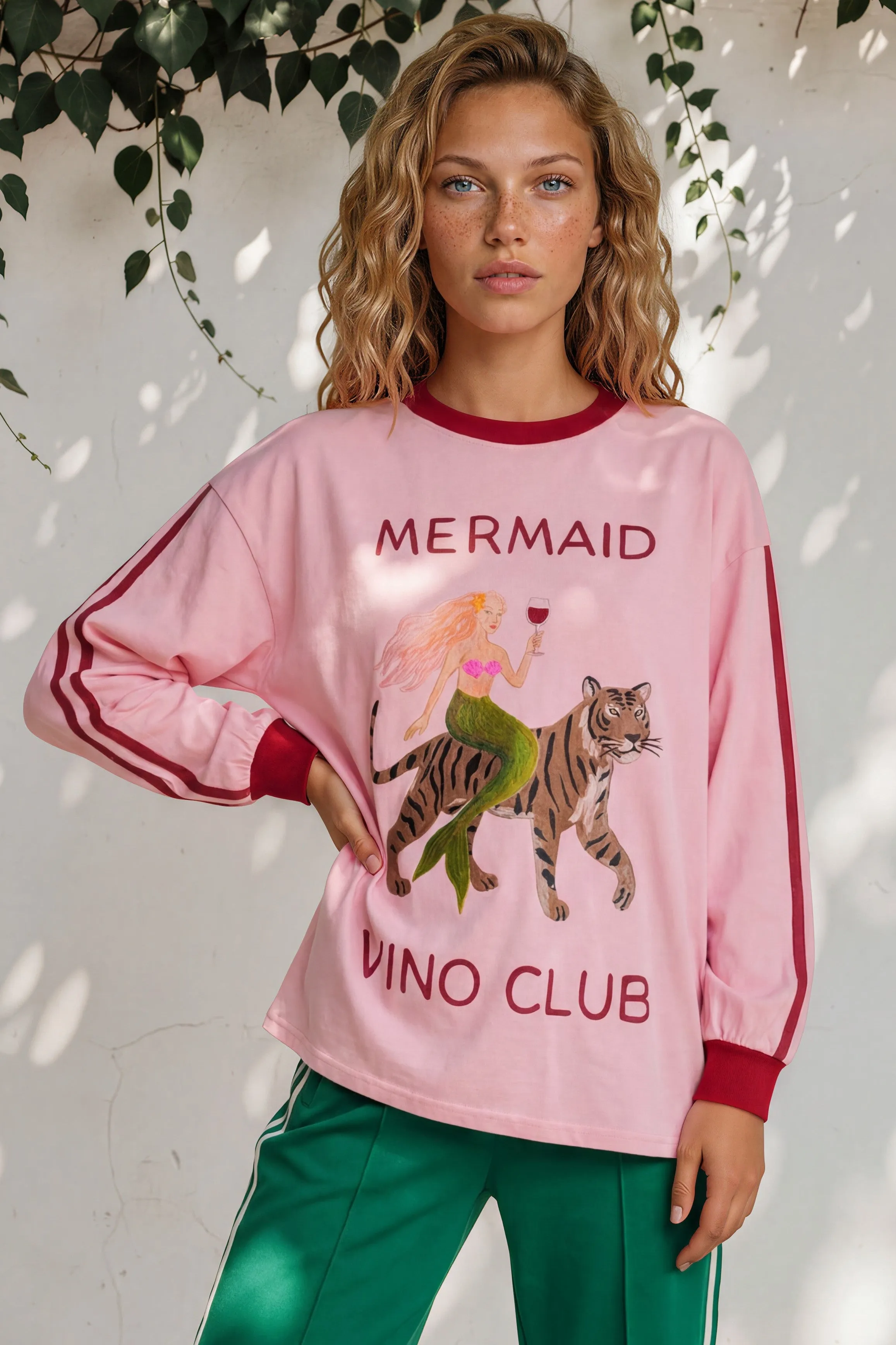 Mermaid Vino Long Sleeve Tee - Crew Neck Contrast Stripe Graphic T-Shirt in Pink sold by Salty Crush product image thumbnail 3