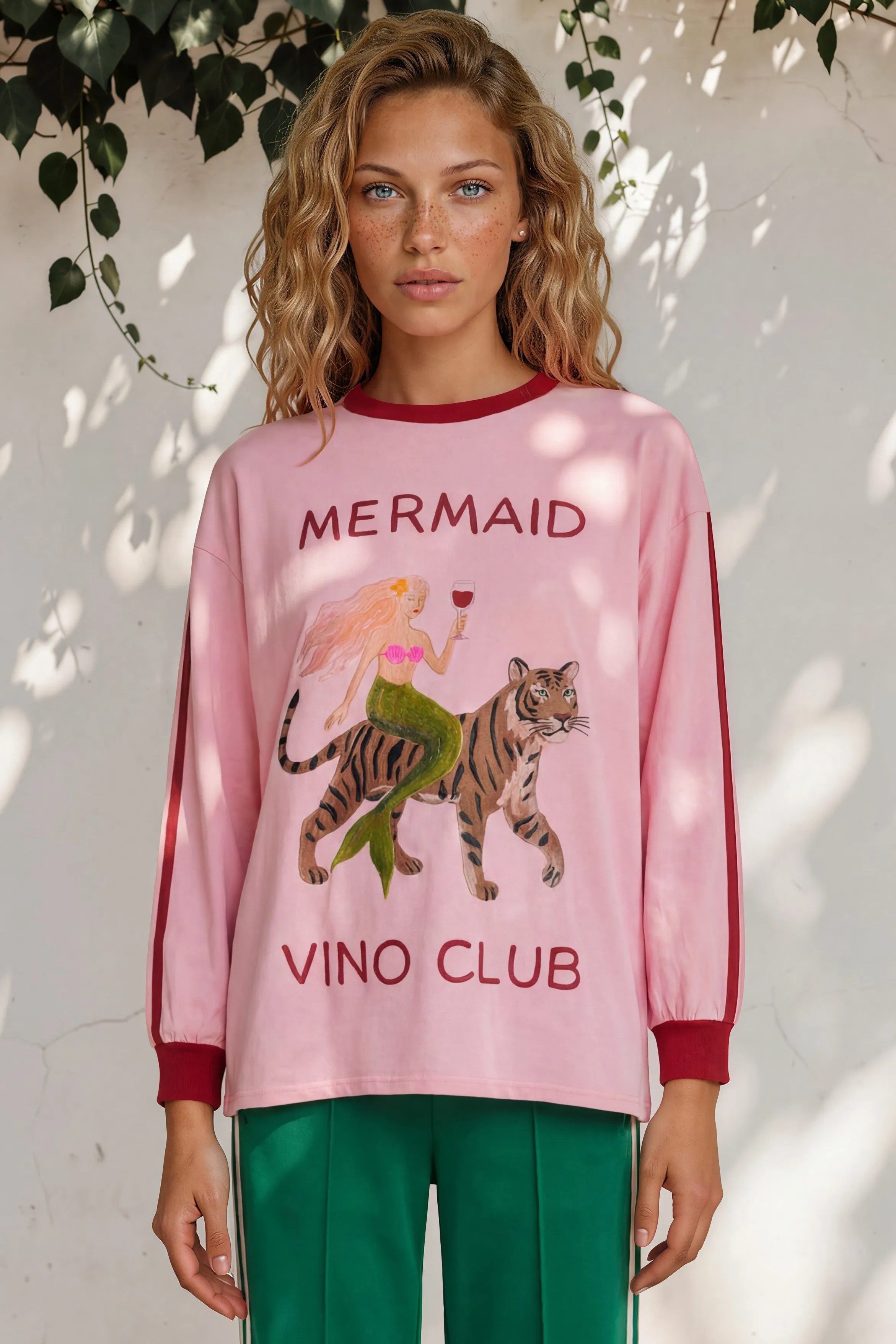 Mermaid Vino Long Sleeve Tee - Crew Neck Contrast Stripe Graphic T-Shirt in Pink sold by Salty Crush product image thumbnail 5