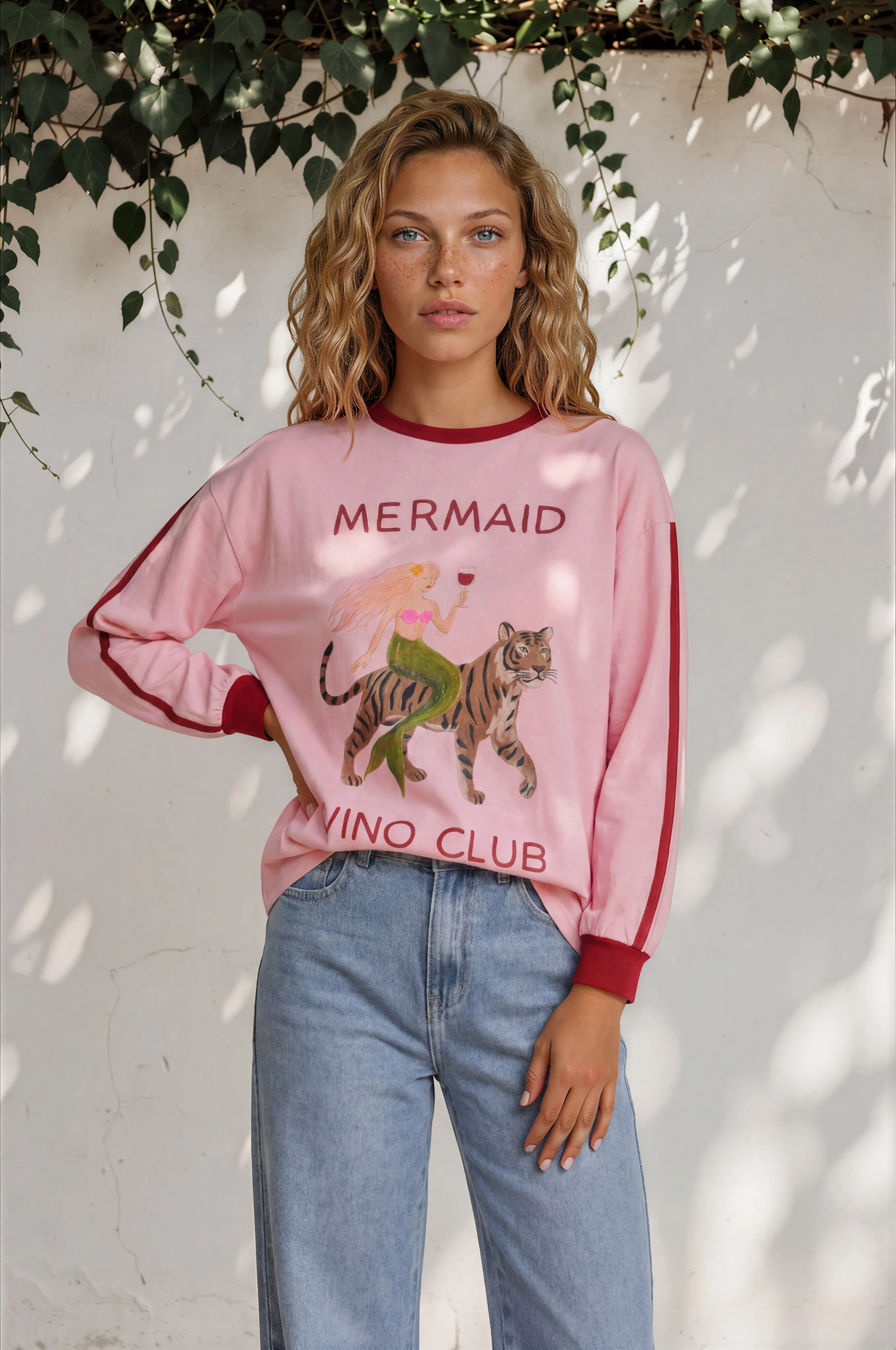 Mermaid Vino Long Sleeve Tee - Crew Neck Contrast Stripe Graphic T-Shirt in Pink sold by Salty Crush product image thumbnail 2