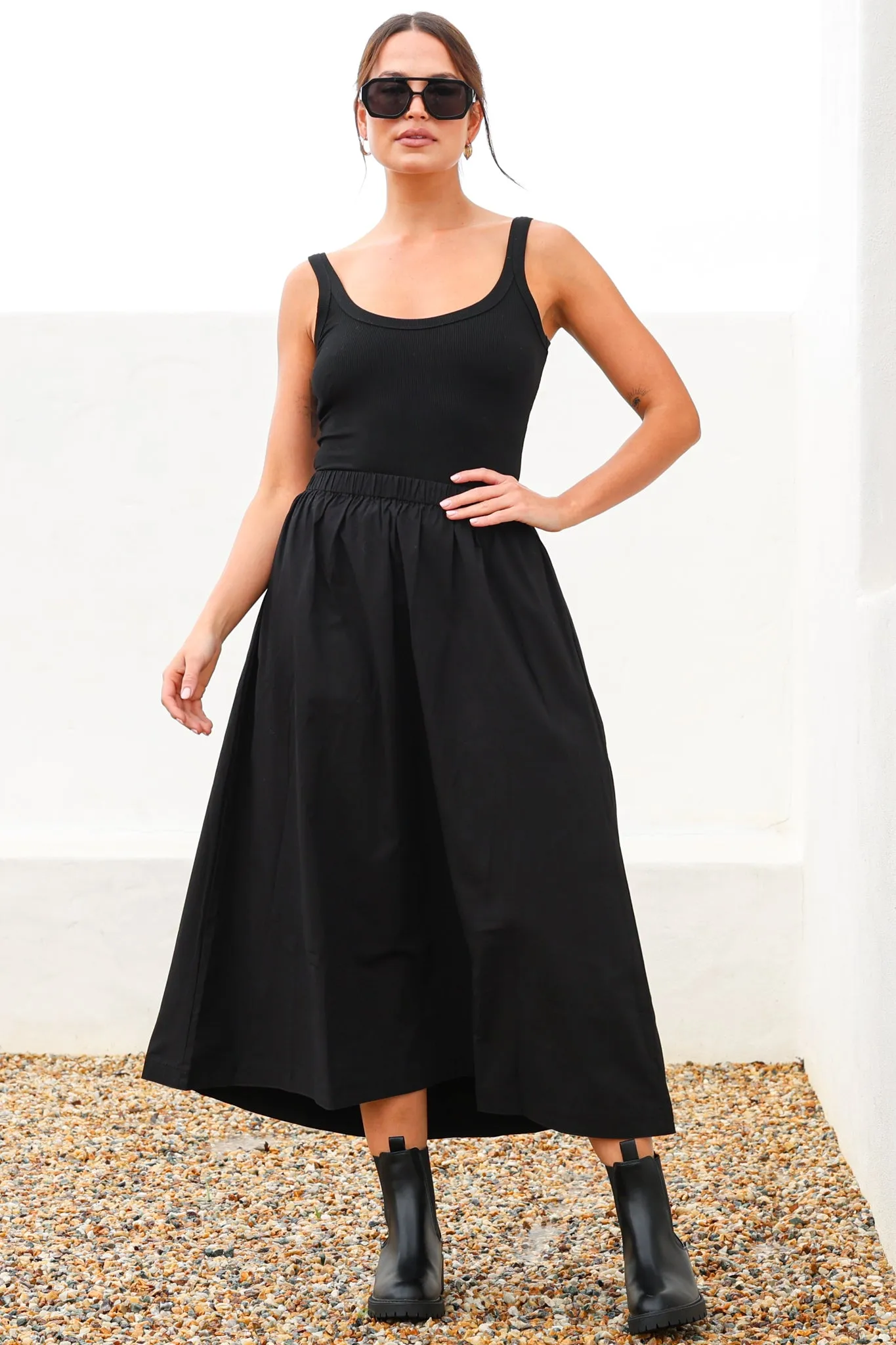 Renny Midi Skirt - High Waisted High-Low Cotton Skirt with Elasticated Waistband in Black sold by Salty Crush product image thumbnail 2