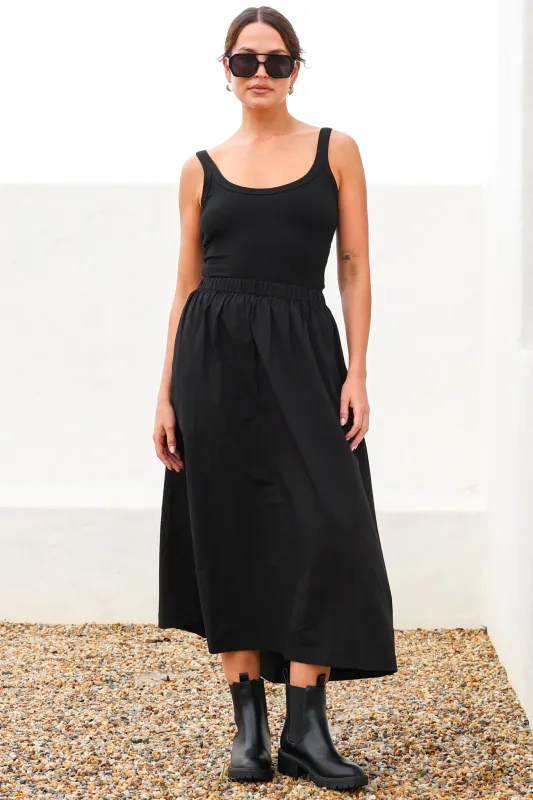 Renny Midi Skirt - High Waisted High-Low Cotton Skirt with Elasticated Waistband in Black made by Salty Crush