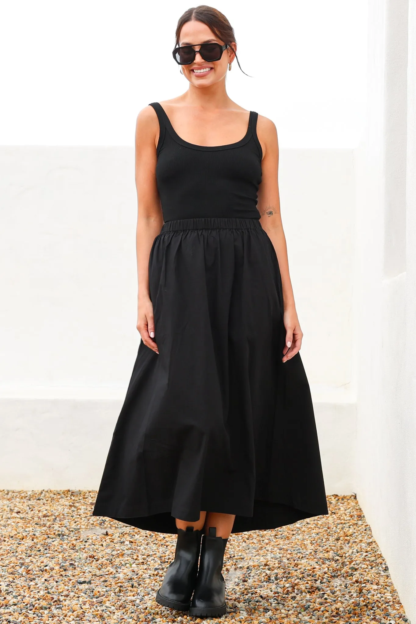 Renny Midi Skirt - High Waisted High-Low Cotton Skirt with Elasticated Waistband in Black sold by Salty Crush product image thumbnail 5