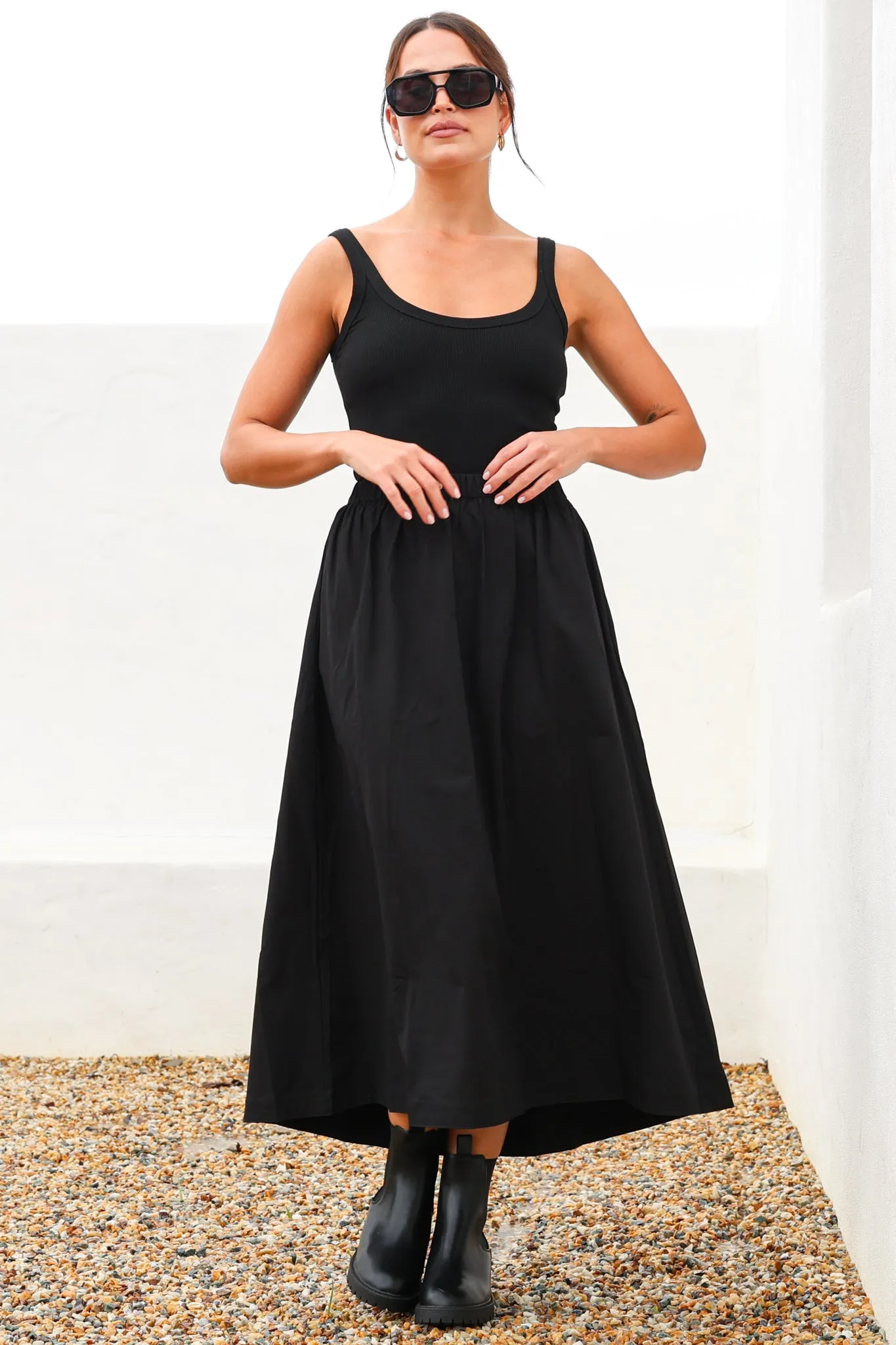 Renny Midi Skirt - High Waisted High-Low Cotton Skirt with Elasticated Waistband in Black sold by Salty Crush product image thumbnail 4