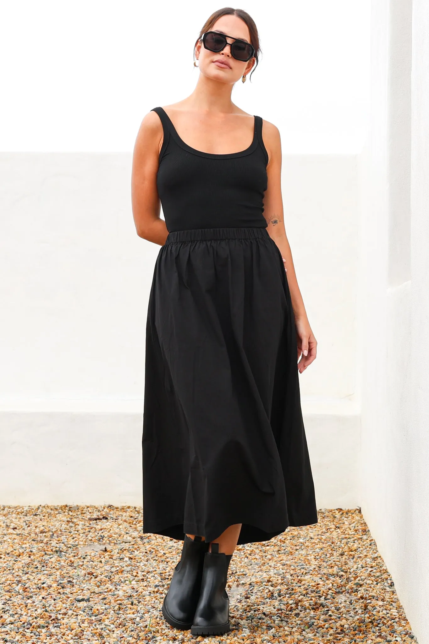 Renny Midi Skirt - High Waisted High-Low Cotton Skirt with Elasticated Waistband in Black sold by Salty Crush product image thumbnail 3