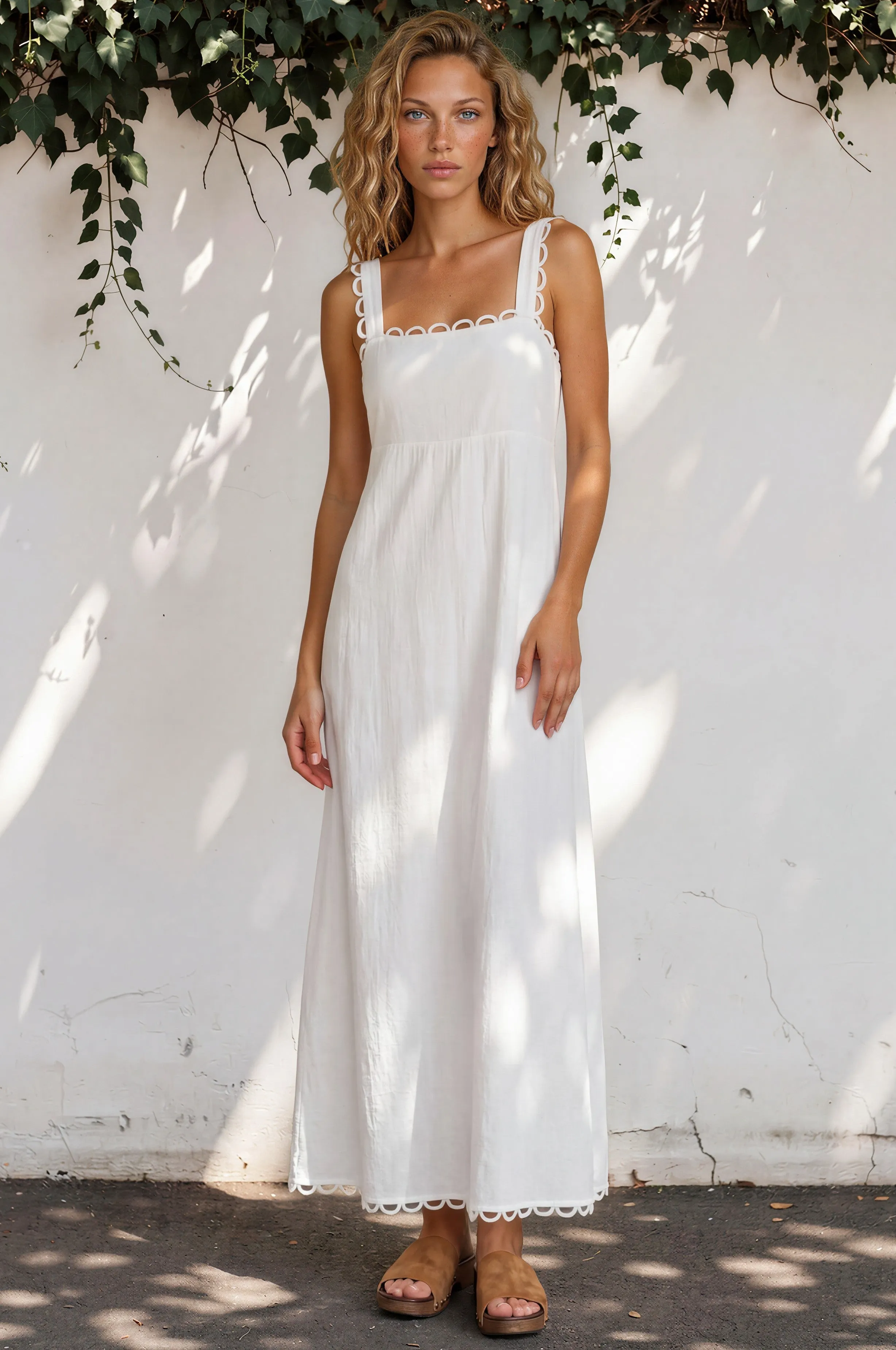 Darla Maxi Dress - Scallop Trim Thick Strap Cotton Sun Dress in White sold by Salty Crush product image thumbnail 2