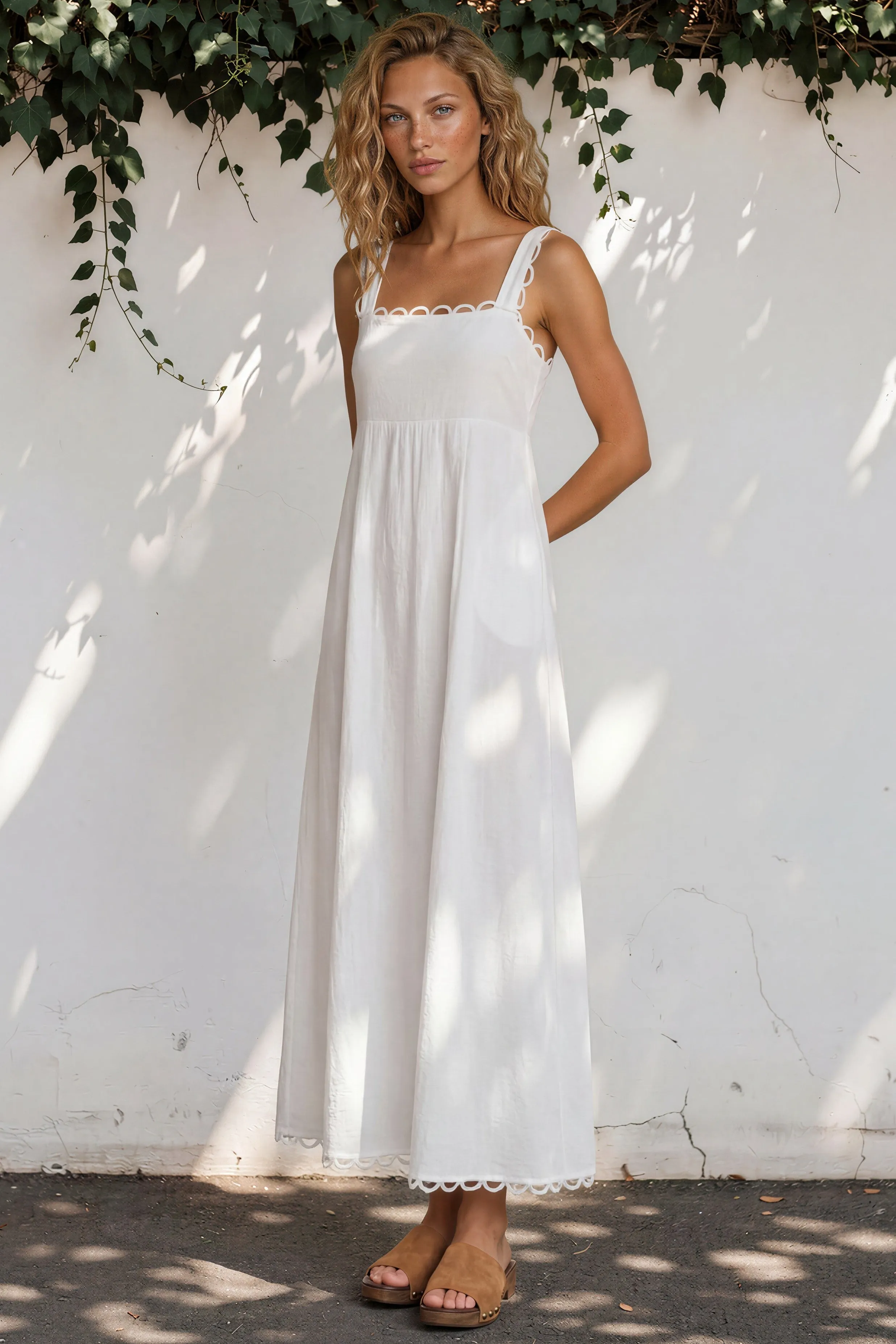 Darla Maxi Dress - Scallop Trim Thick Strap Cotton Sun Dress in White sold by Salty Crush product image thumbnail 3