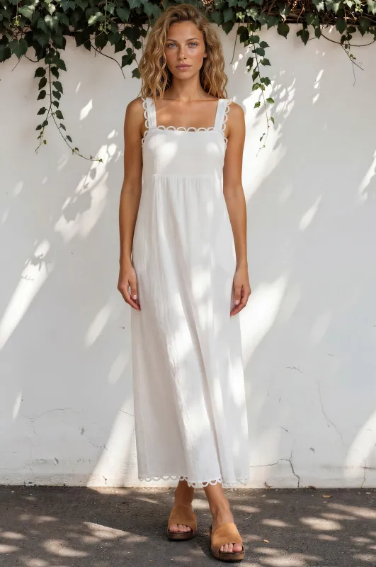 Darla Maxi Dress - Scallop Trim Thick Strap Cotton Sun Dress in White made by Salty Crush