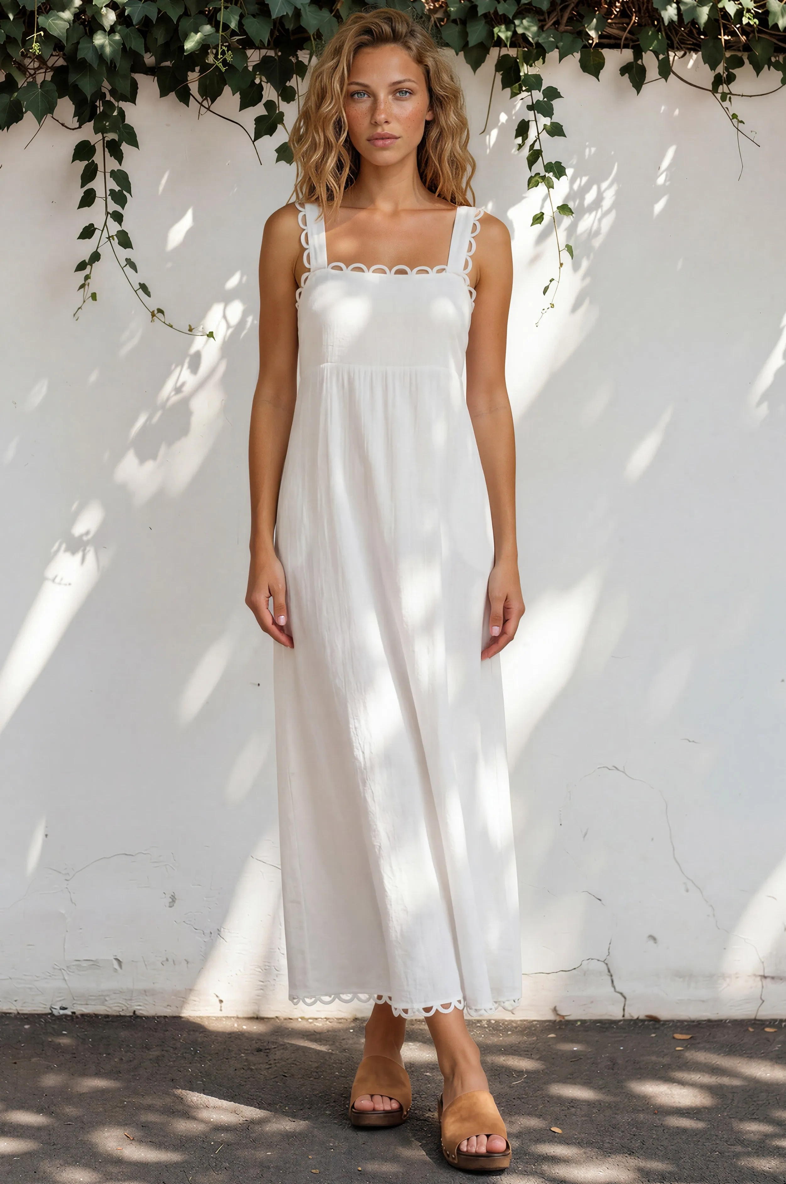 Darla Maxi Dress - Scallop Trim Thick Strap Cotton Sun Dress in White sold by Salty Crush