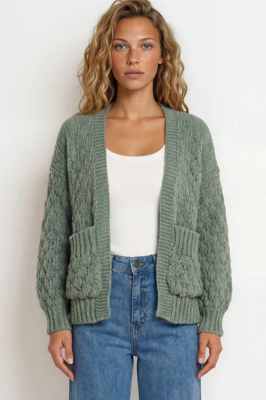 Manny Cardigan - Chunky Open Cropped Cable Knit with Rib Knit Trims and Pockets in Green made by Salty Crush