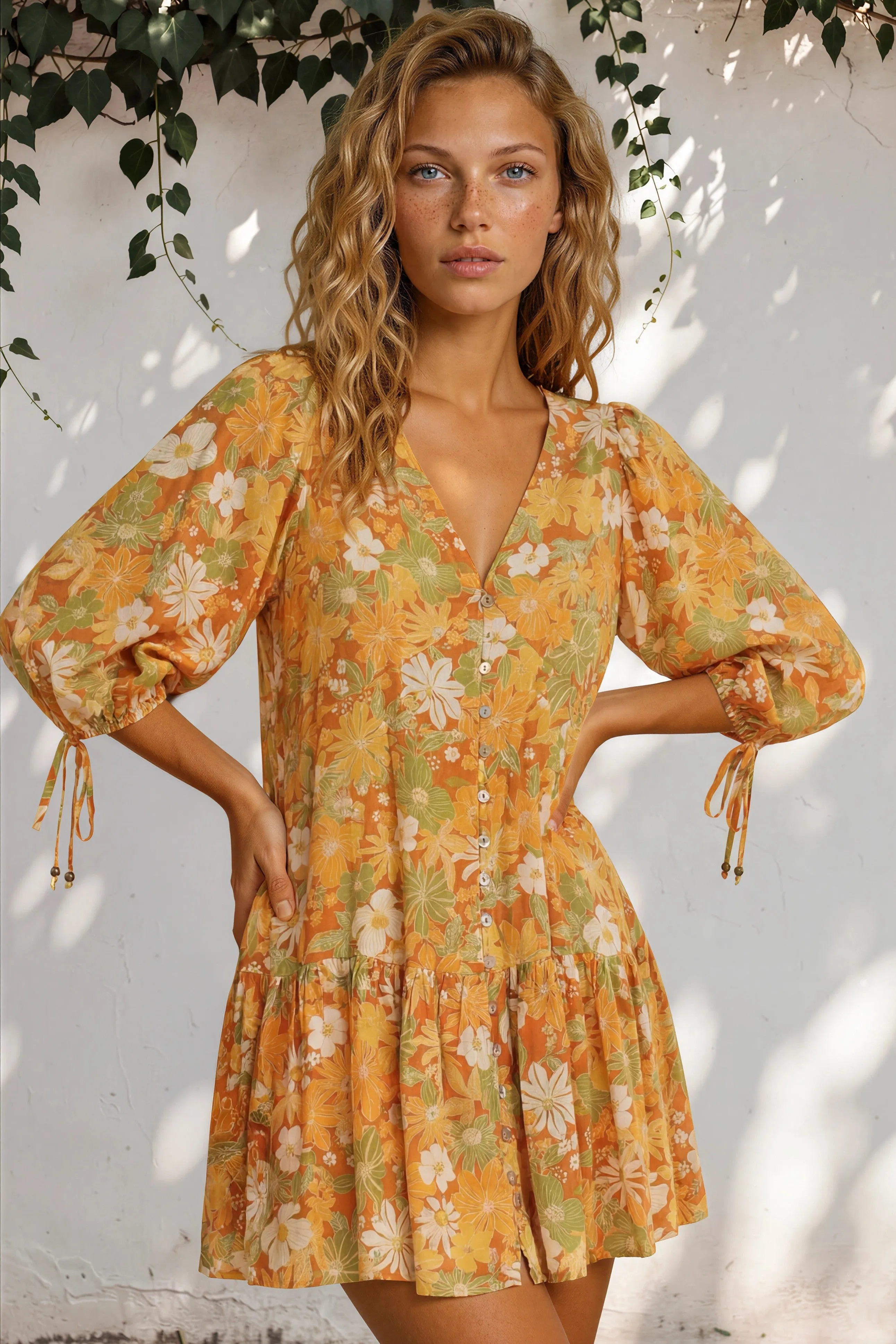 Luna Mini Dress - Deep V-Neck Button Down with 3/4 Sleeves in Camira Print sold by Salty Crush product image thumbnail 3