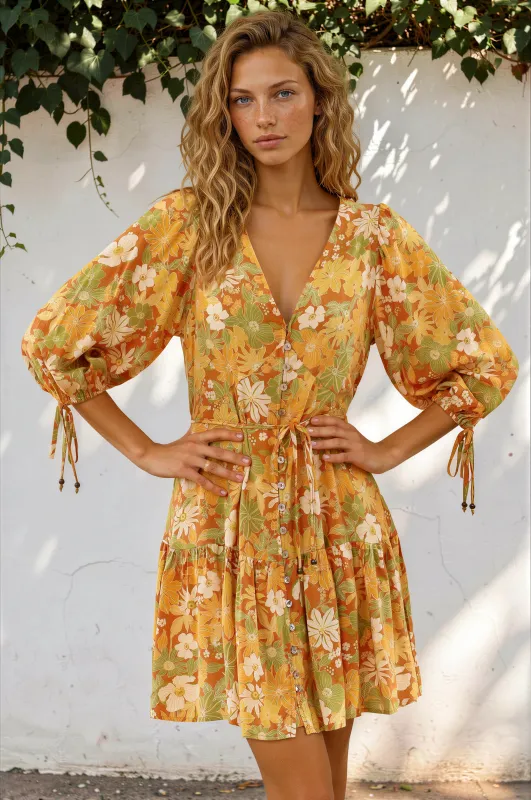 Luna Mini Dress - Deep V-Neck Button Down with 3/4 Sleeves in Camira Print made by Salty Crush