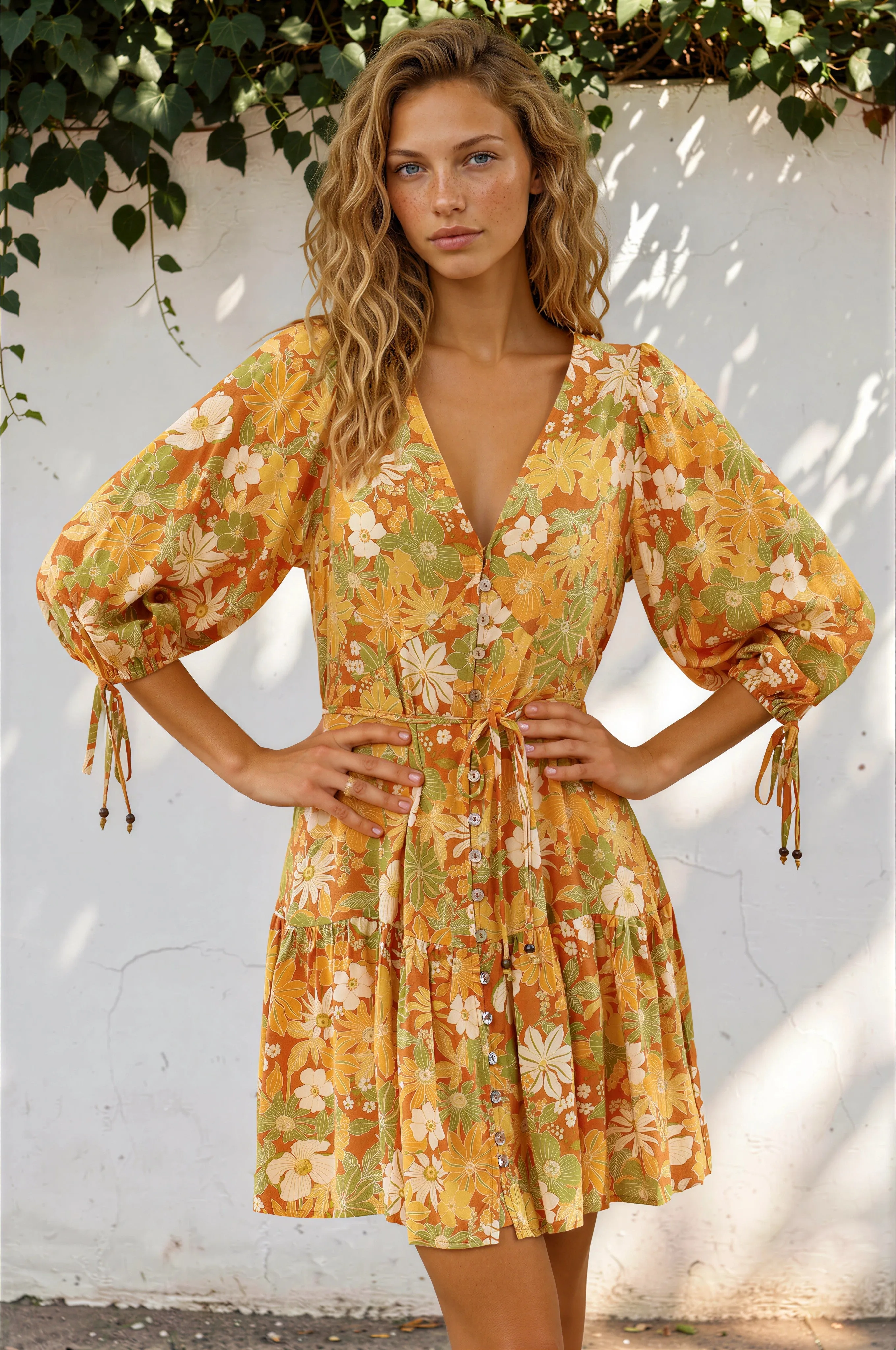 Luna Mini Dress - Deep V-Neck Button Down with 3/4 Sleeves in Camira Print sold by Salty Crush
