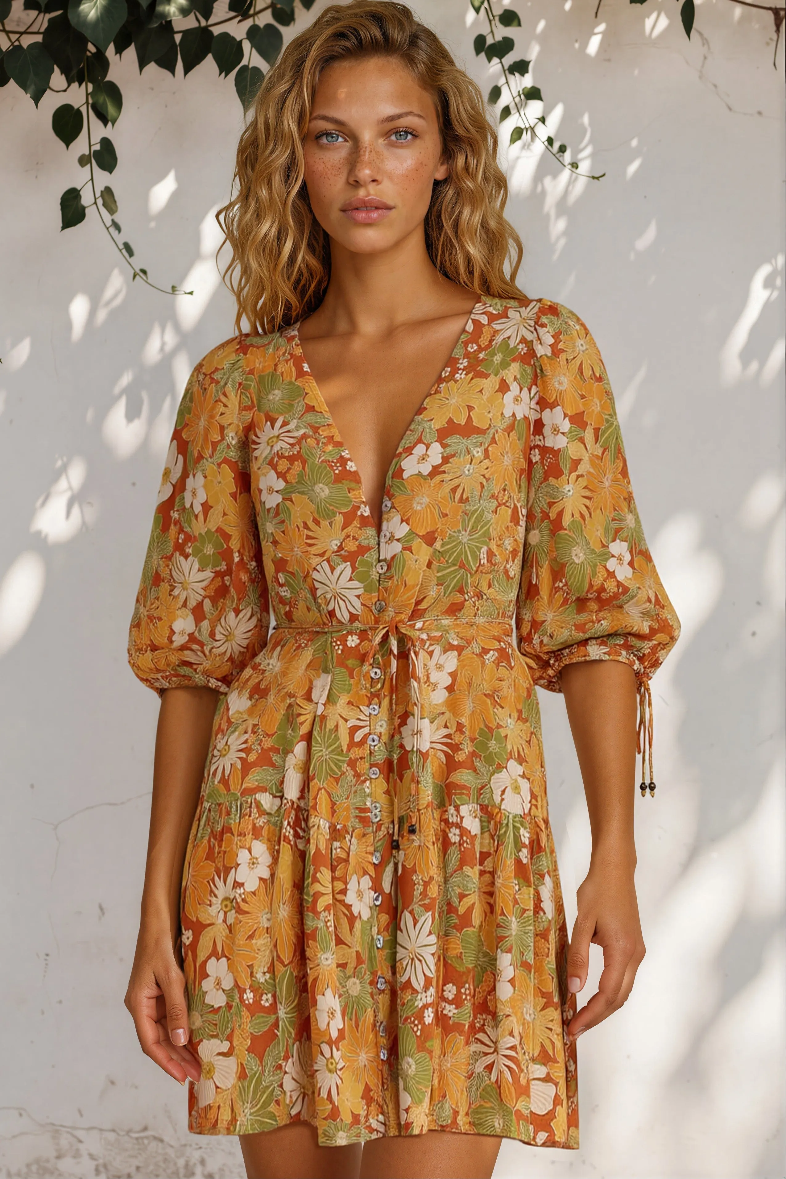 Luna Mini Dress - Deep V-Neck Button Down with 3/4 Sleeves in Camira Print sold by Salty Crush product image thumbnail 4