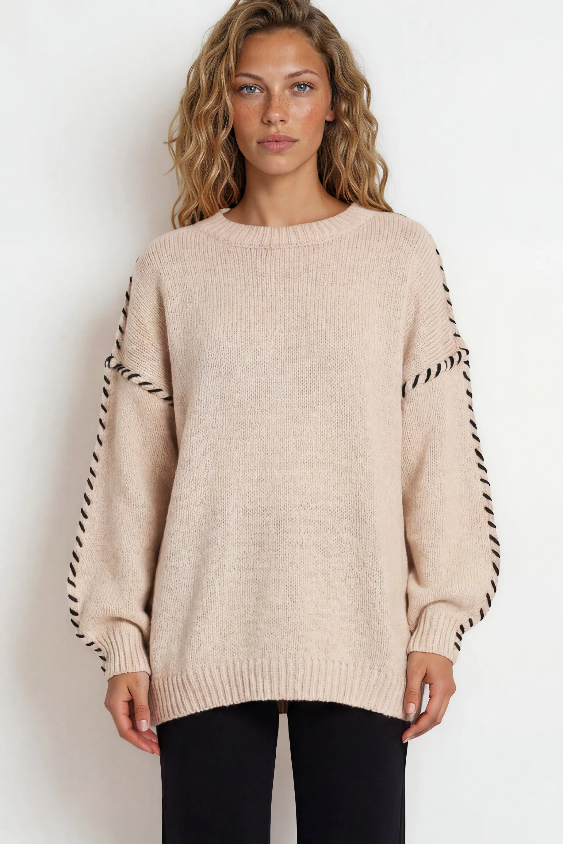 Saige Jumper - Crew Neck Contrast Stitch Knit in Beige sold by Salty Crush product image thumbnail 2